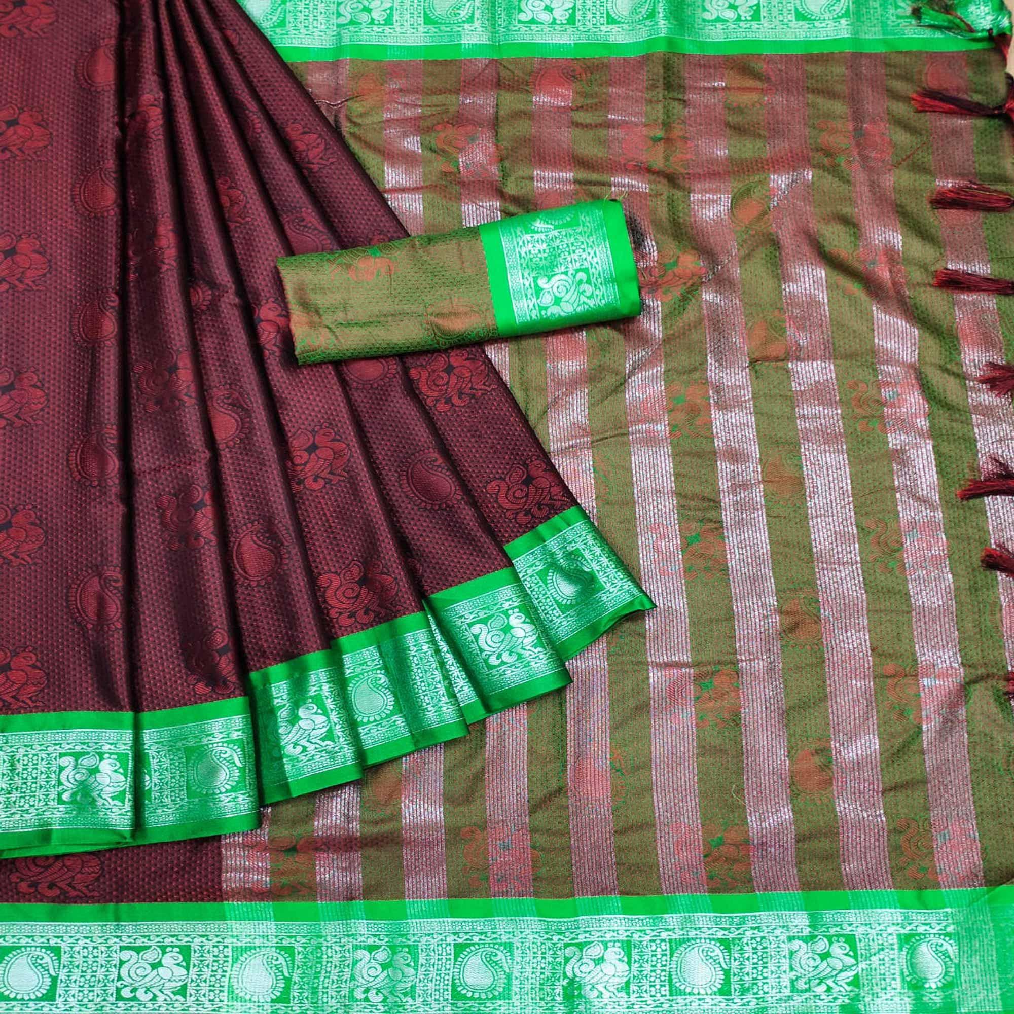 Red Festive Wear Woven Cotton Silk Saree - Peachmode