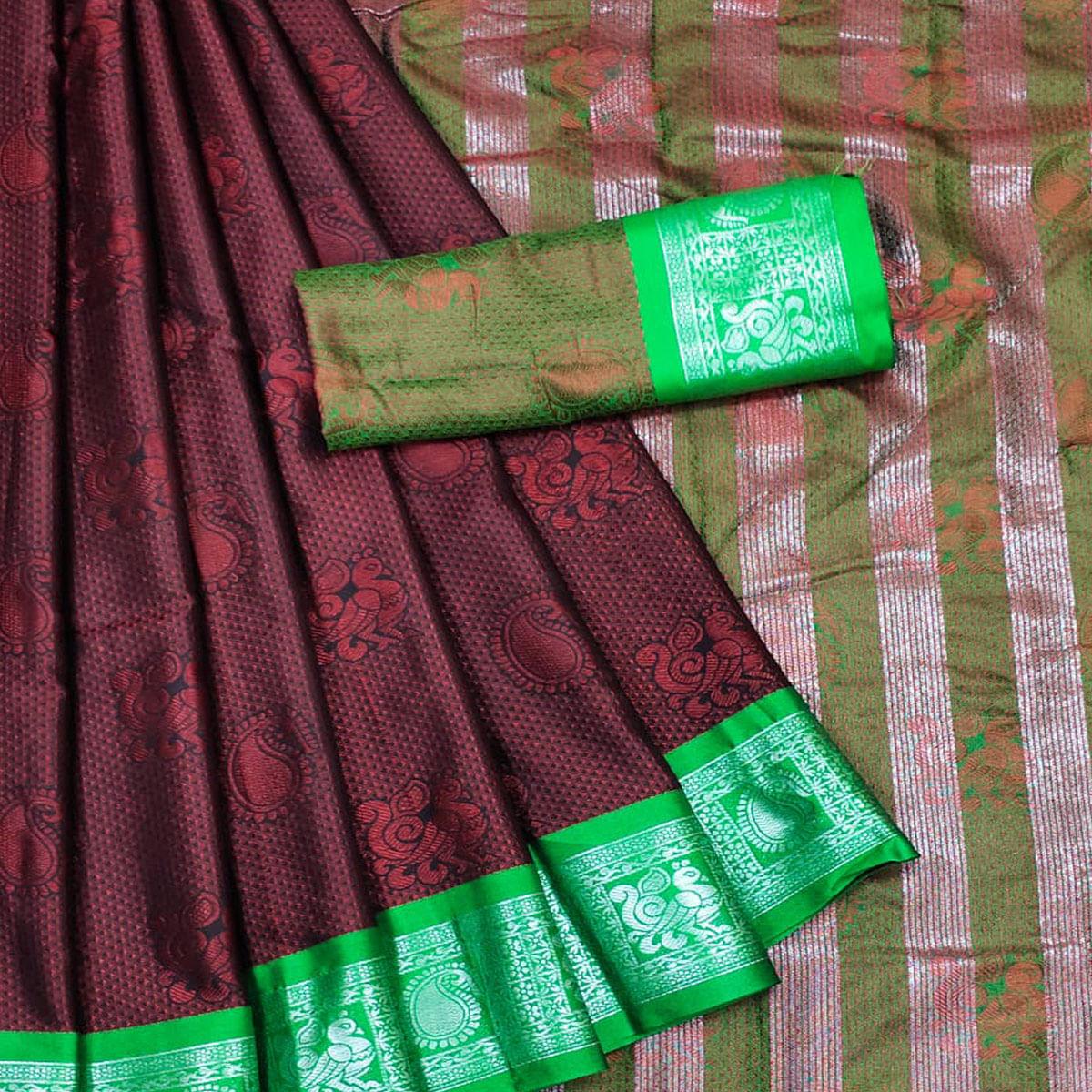 Red Festive Wear Woven Cotton Silk Saree - Peachmode