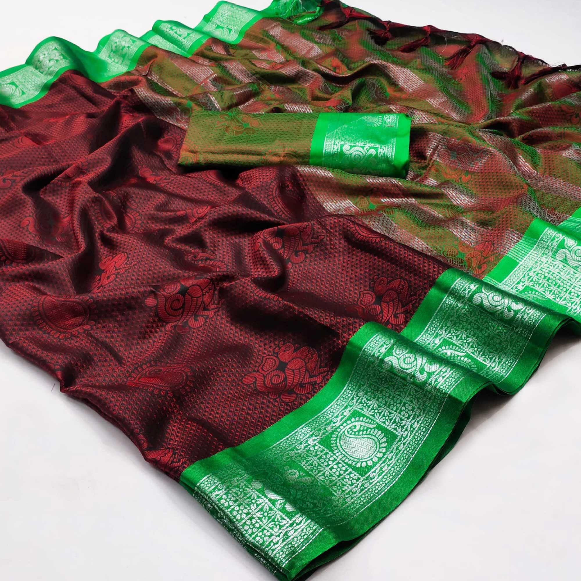 Red Festive Wear Woven Cotton Silk Saree - Peachmode