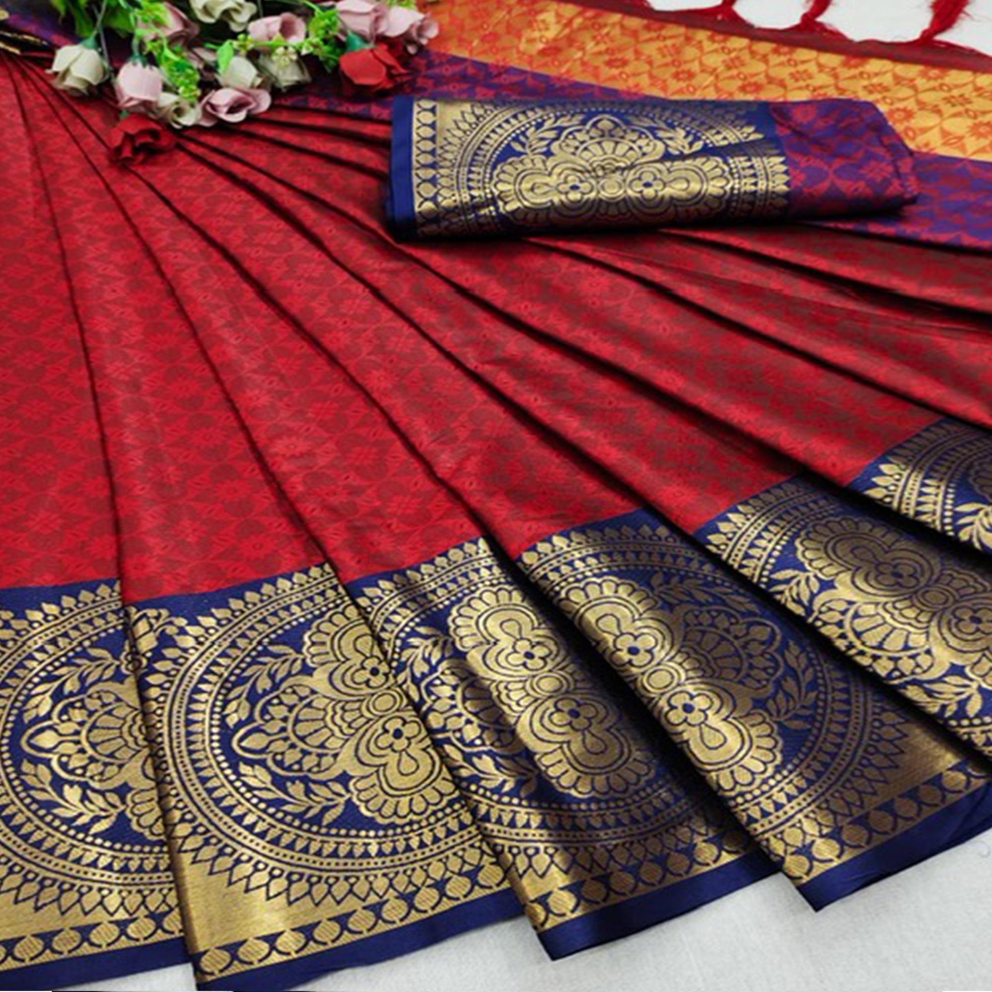 Red Festive Wear Woven Desginer Cotton Silk Saree - Peachmode