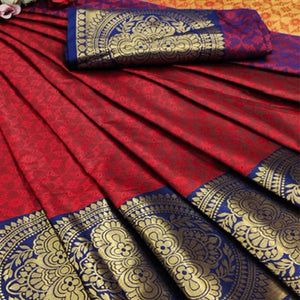 Red Festive Wear Woven Desginer Cotton Silk Saree - Peachmode