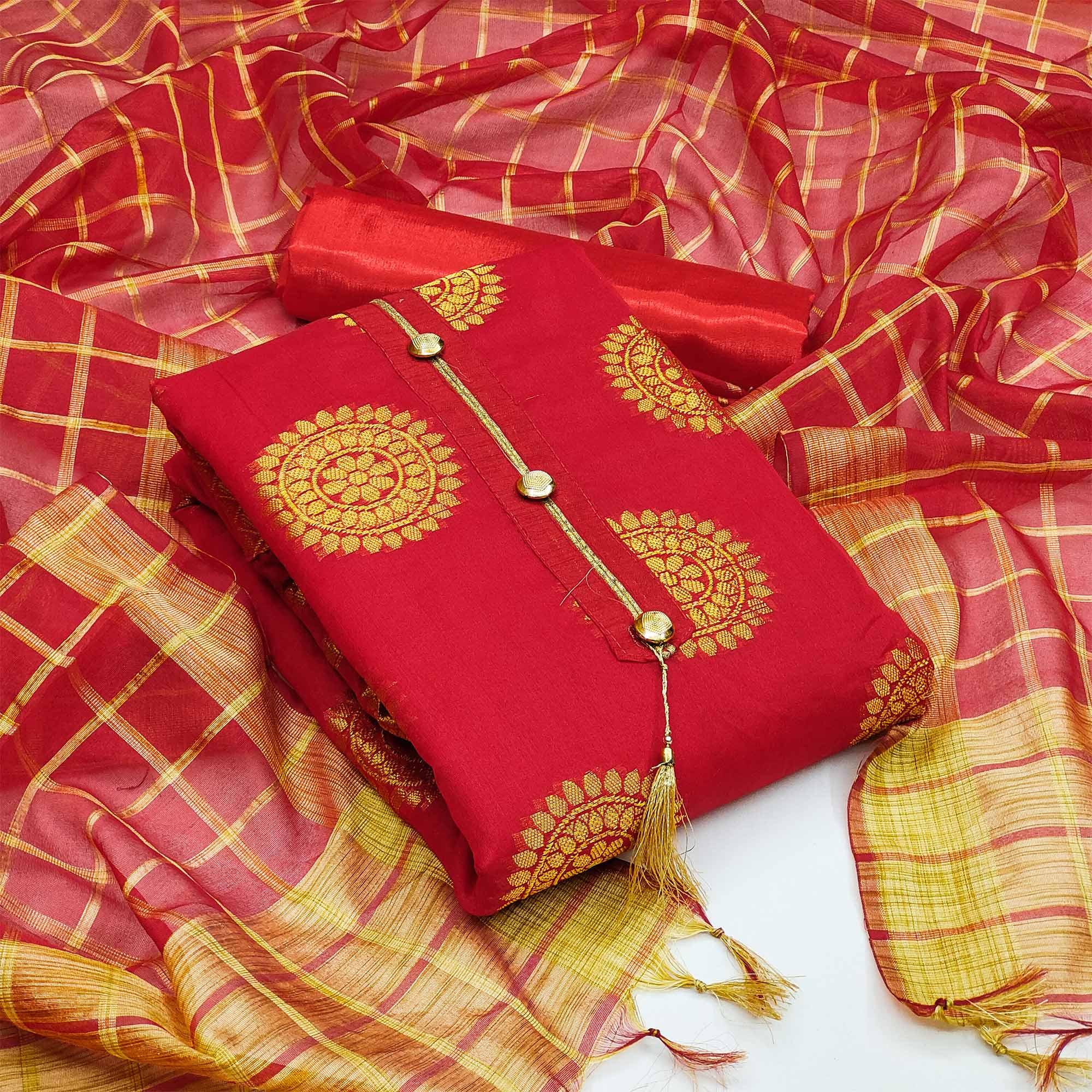 Red Festive Wear Woven Designer Banarasi Silk Jacquard Dress Material - Peachmode