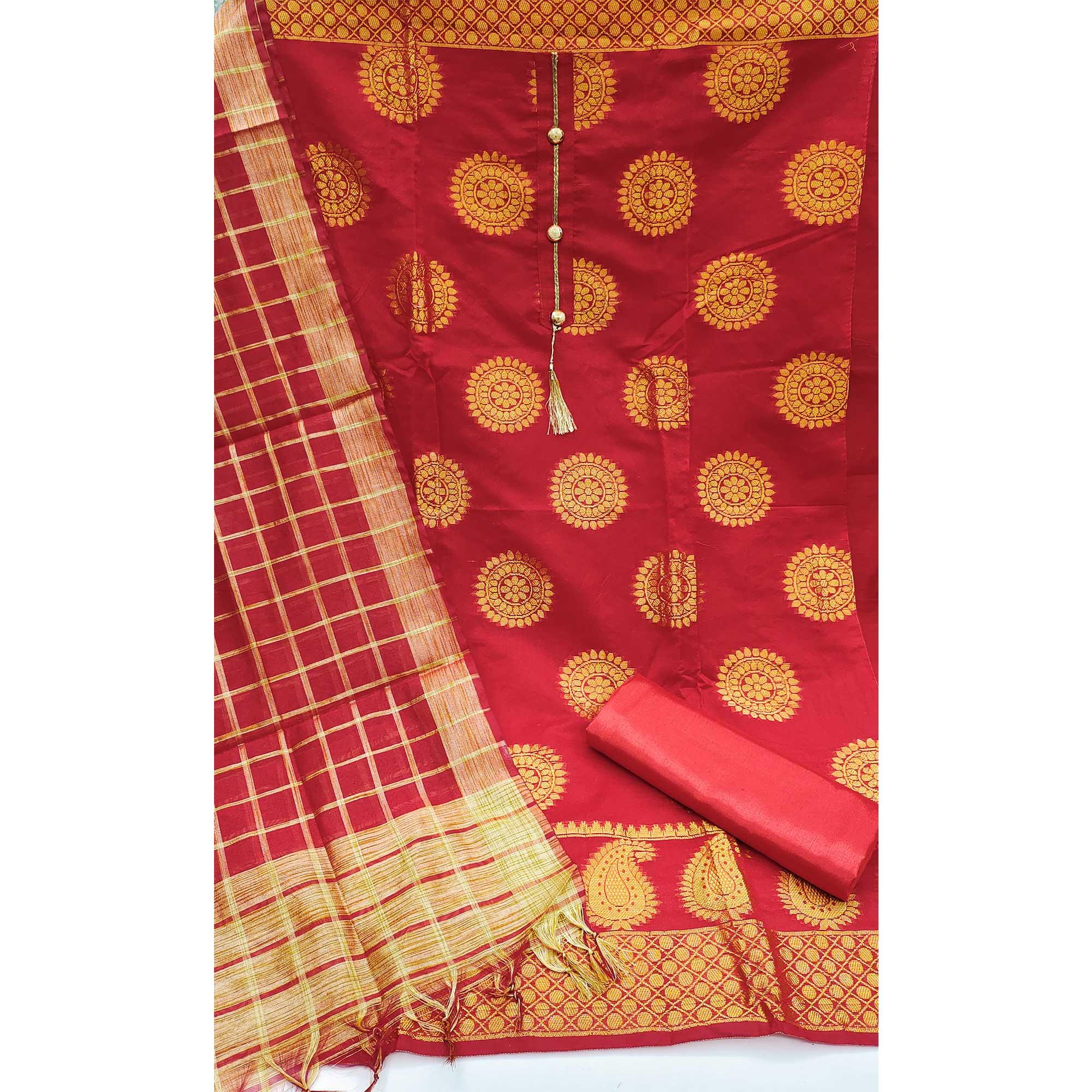 Red Festive Wear Woven Designer Banarasi Silk Jacquard Dress Material - Peachmode