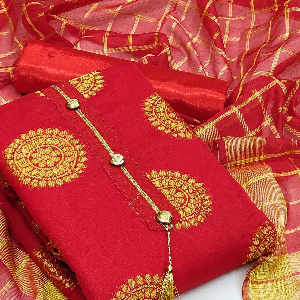 Red Festive Wear Woven Designer Banarasi Silk Jacquard Dress Material - Peachmode