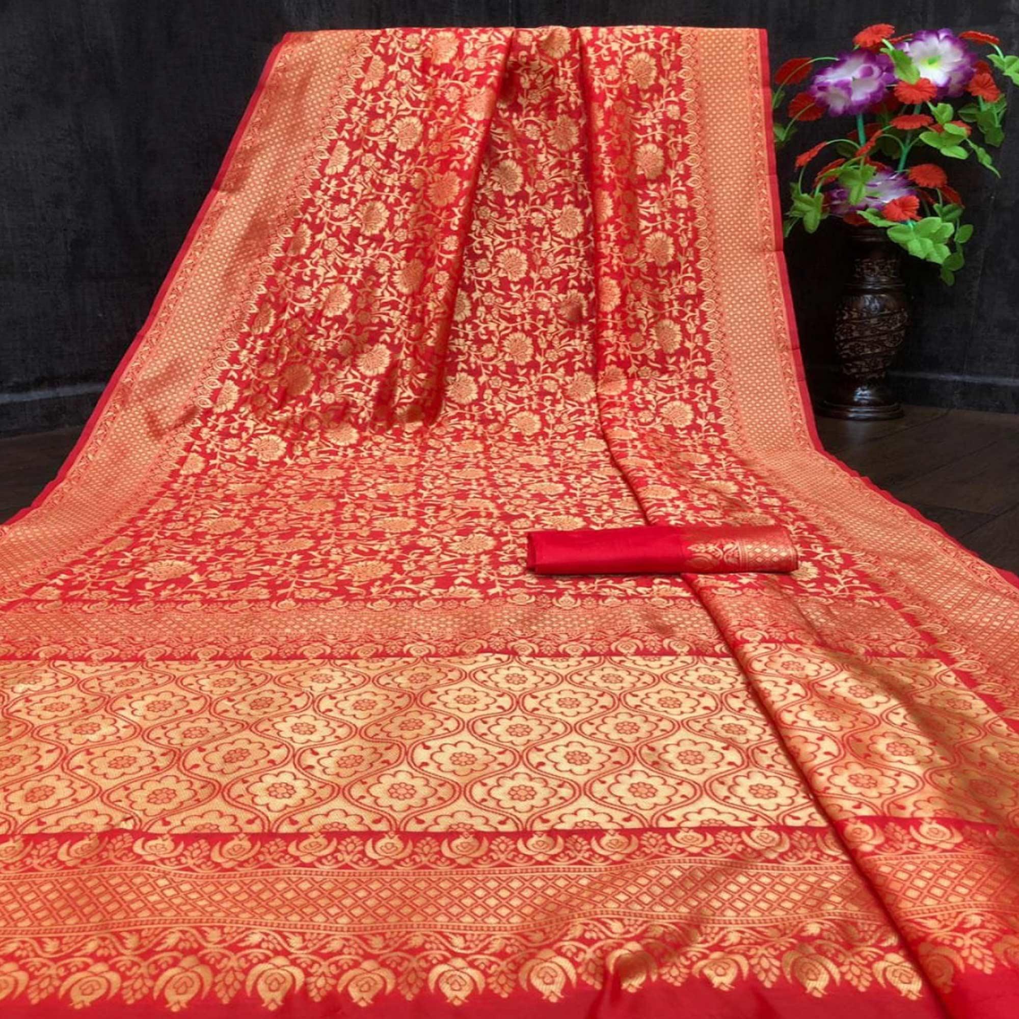 Red Festive Wear Woven Designer Border Soft Lichi Silk Saree - Peachmode
