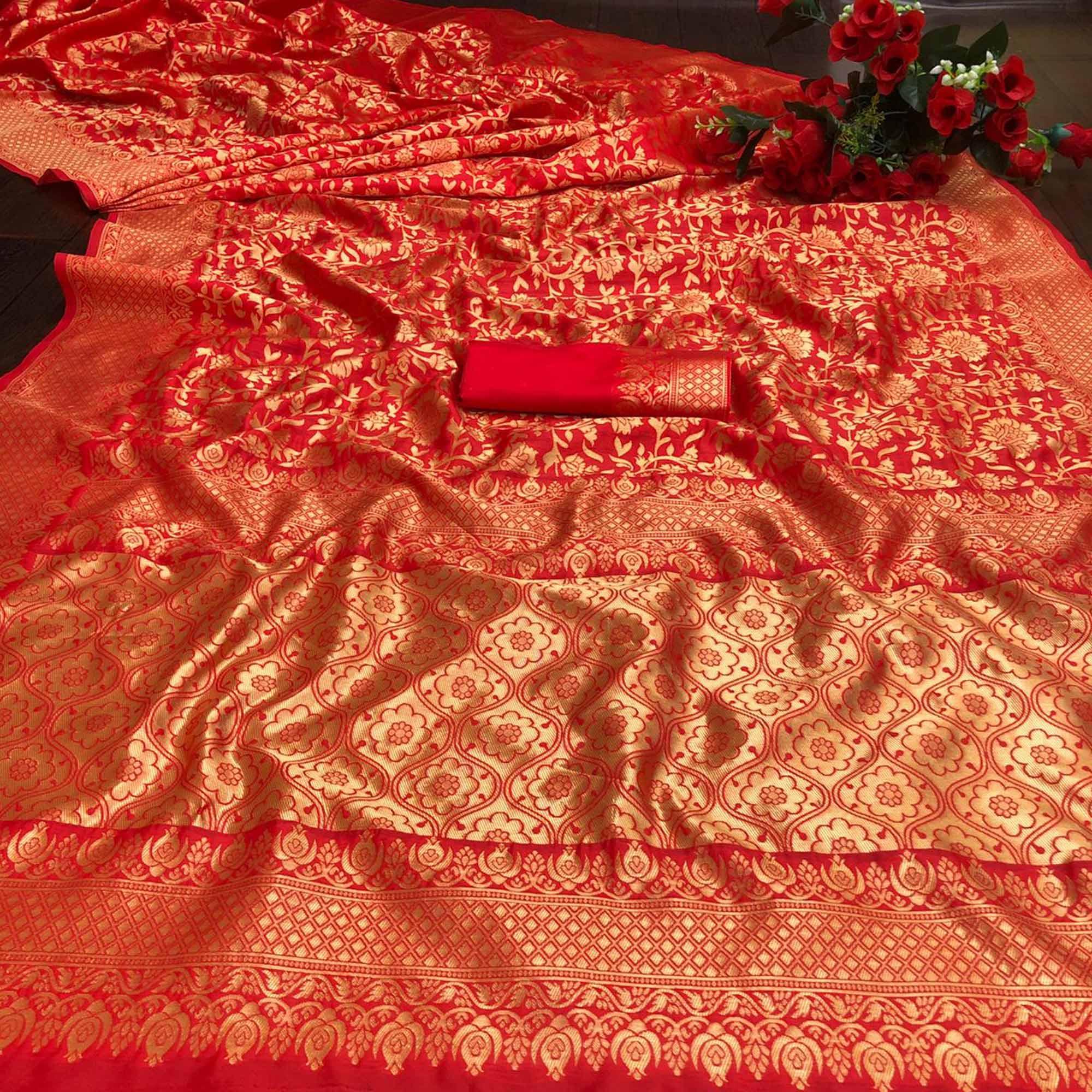 Red Festive Wear Woven Designer Border Soft Lichi Silk Saree - Peachmode