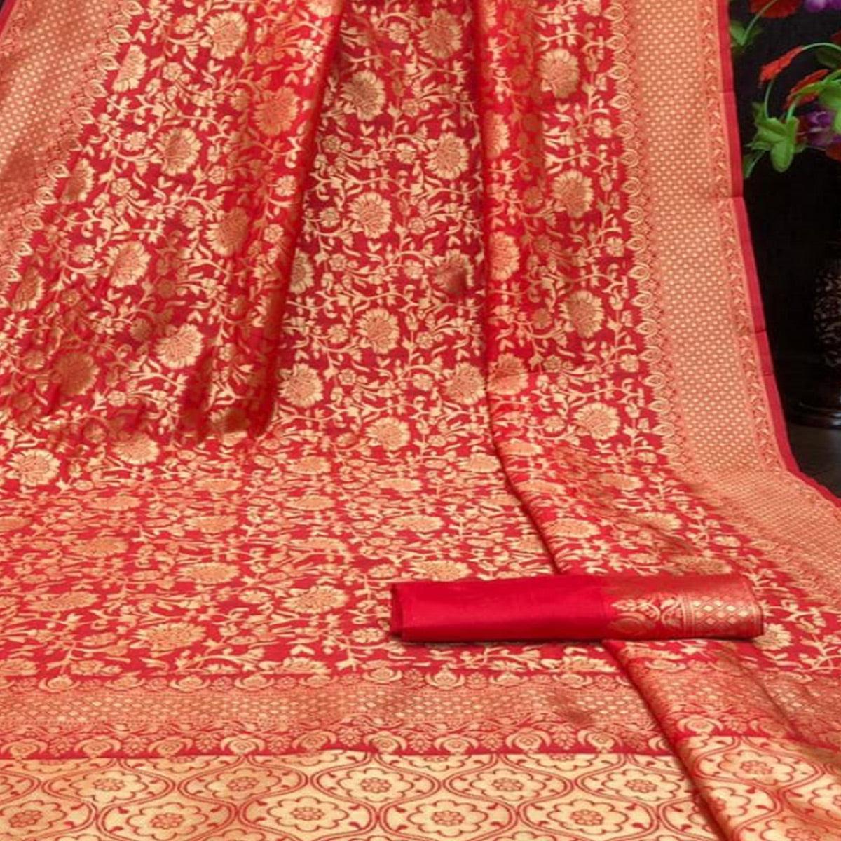 Red Festive Wear Woven Designer Border Soft Lichi Silk Saree - Peachmode