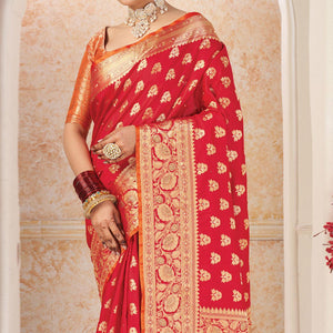 Red Festive Wear Woven-Embellished Silk Saree With Tassels - Peachmode