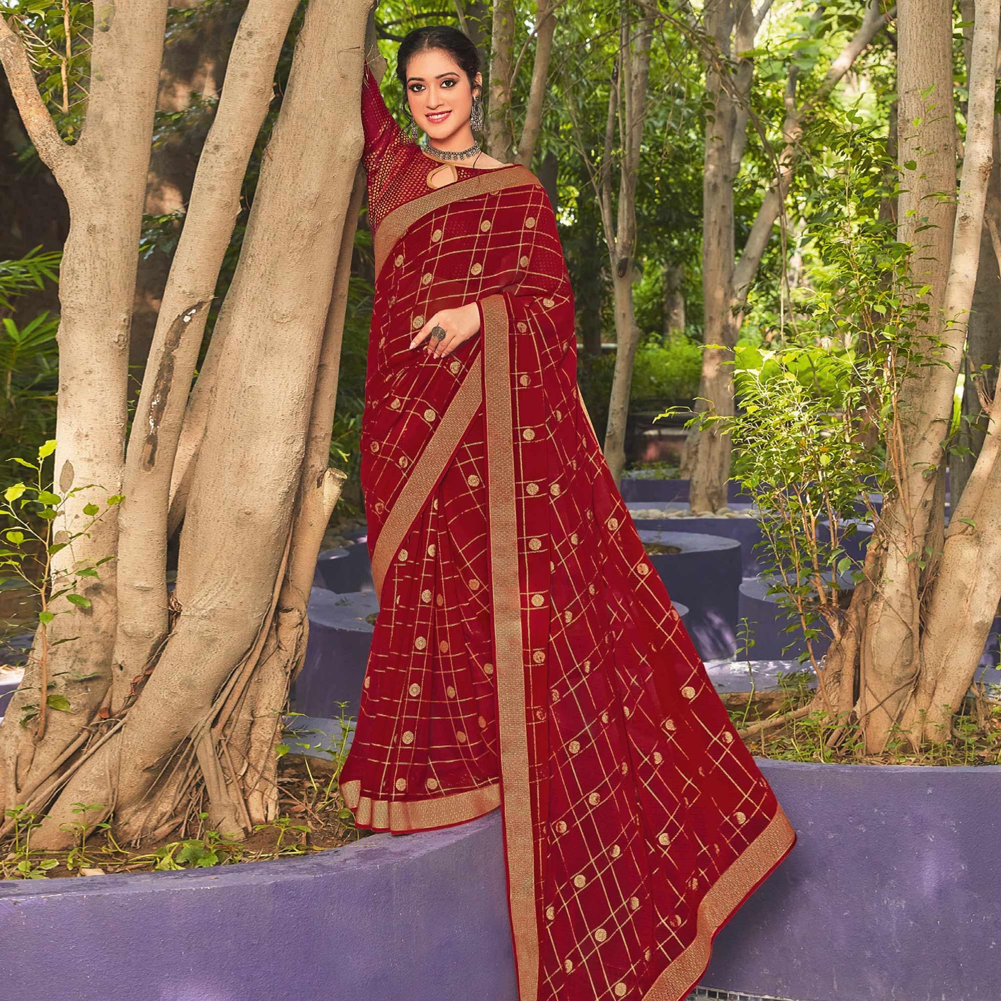 Red Festive Wear Woven Georgette  Saree - Peachmode