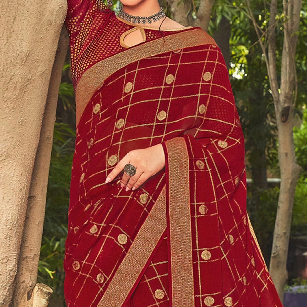 Red Festive Wear Woven Georgette  Saree - Peachmode