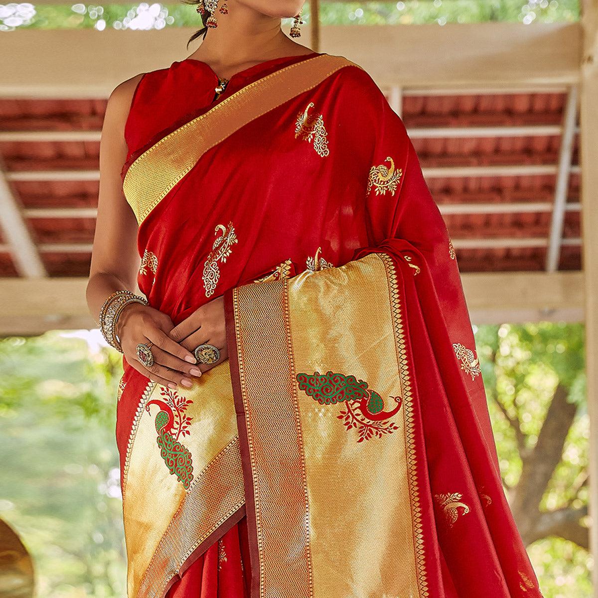 Red Festive Wear Woven Handloom Silk Saree - Peachmode
