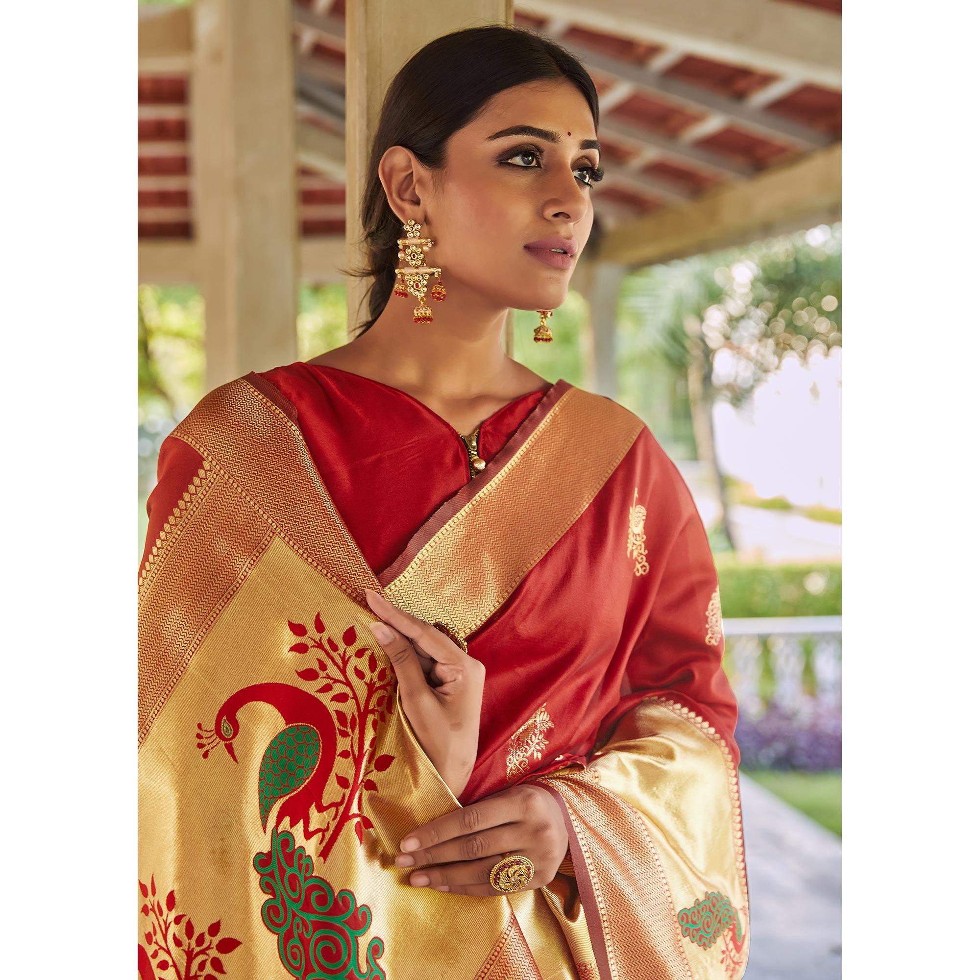 Red Festive Wear Woven Handloom Silk Saree - Peachmode