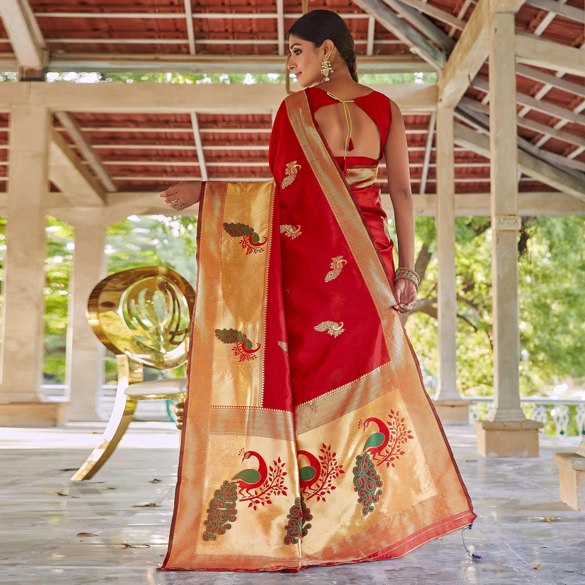 Red Festive Wear Woven Handloom Silk Saree - Peachmode