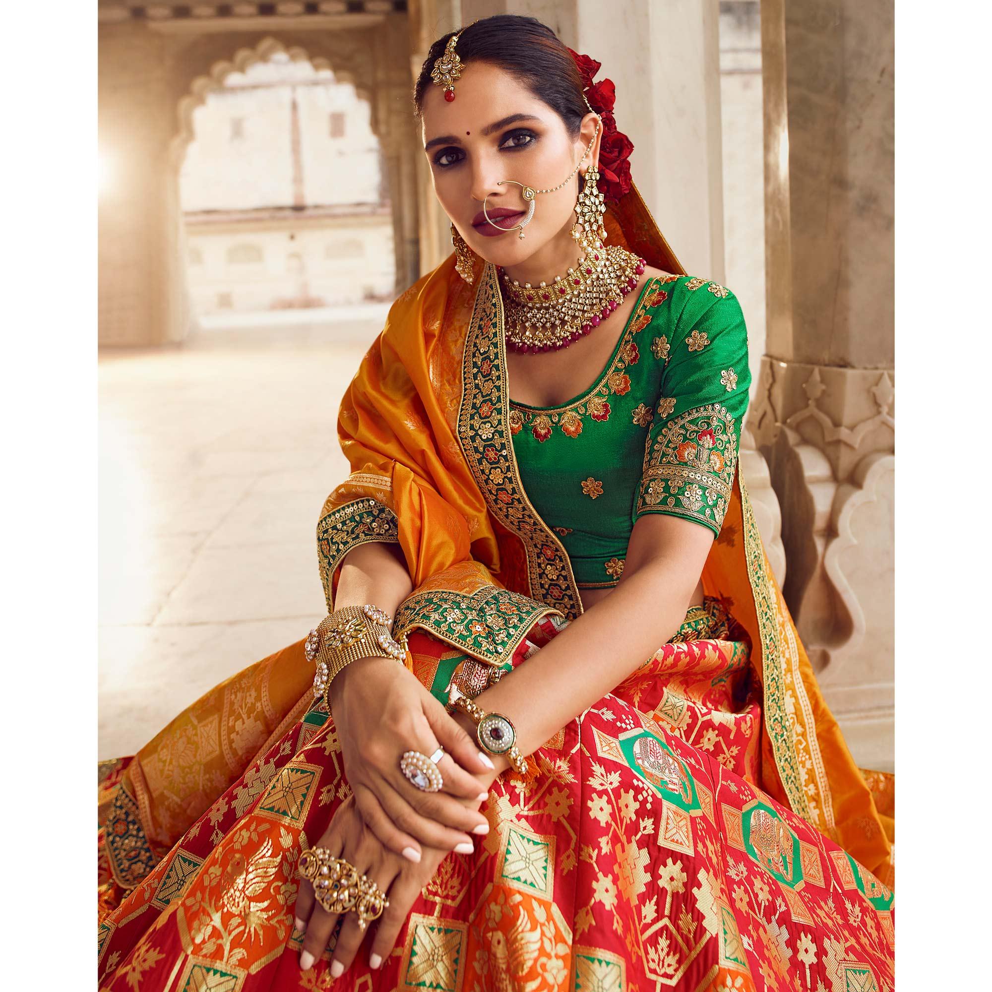 Red Festive Wear Woven Heavy Banarasi Silk Lehenga Choli - Peachmode