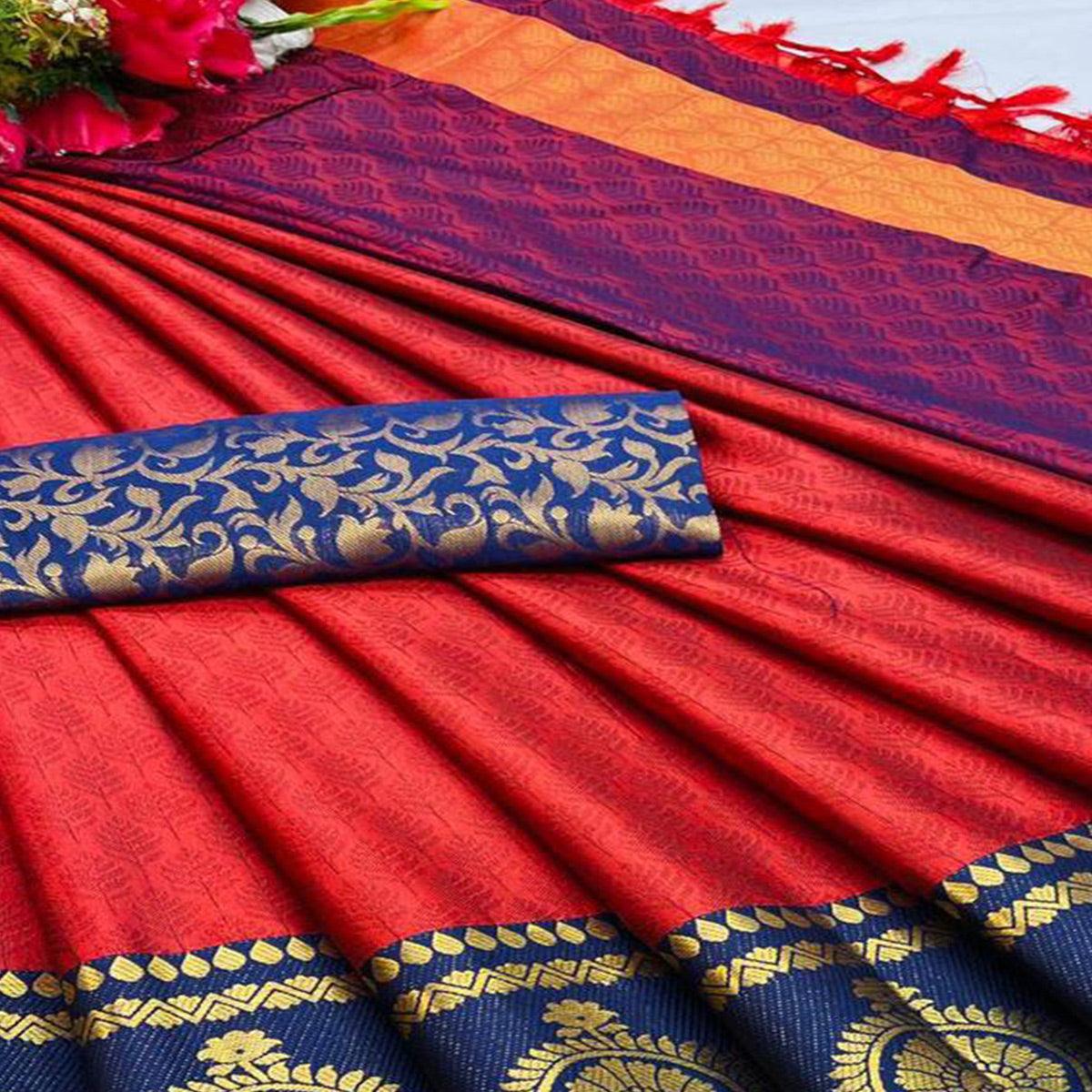 Red Festive Wear Woven Heavy Rich Cotton Silk Saree - Peachmode