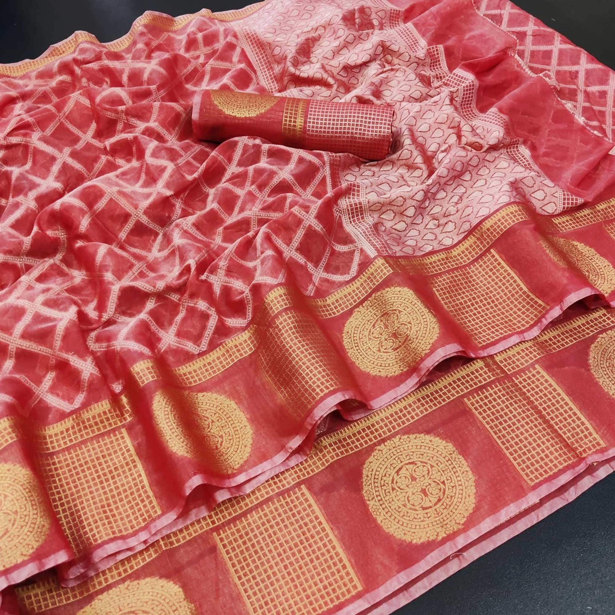 Red Festive Wear Woven Jacquard Banarasi Saree - Peachmode