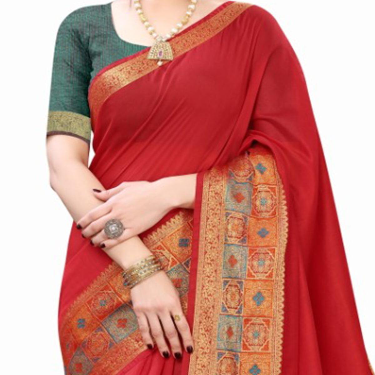 Red Festive Wear Woven Jacquard Border Cotton Saree - Peachmode