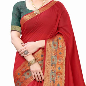 Red Festive Wear Woven Jacquard Border Cotton Saree - Peachmode