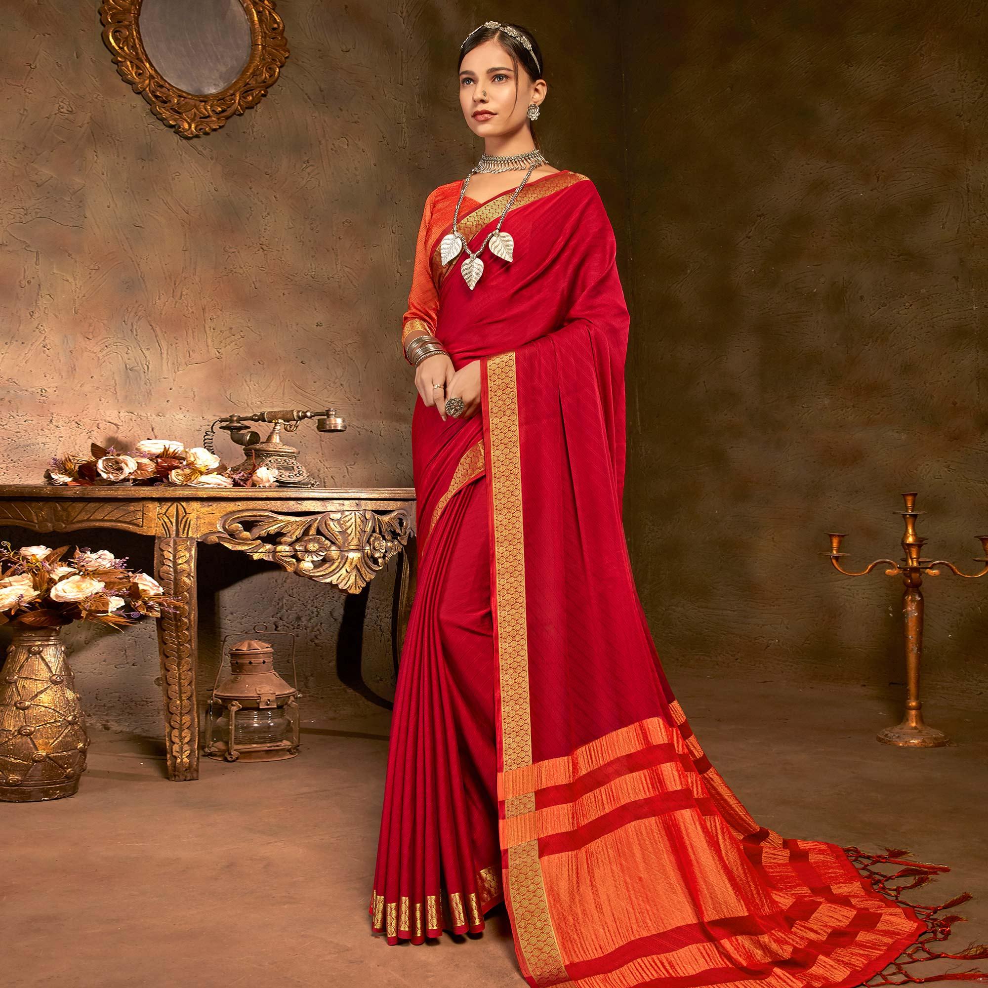 Red Festive Wear Woven Jacquard Saree - Peachmode