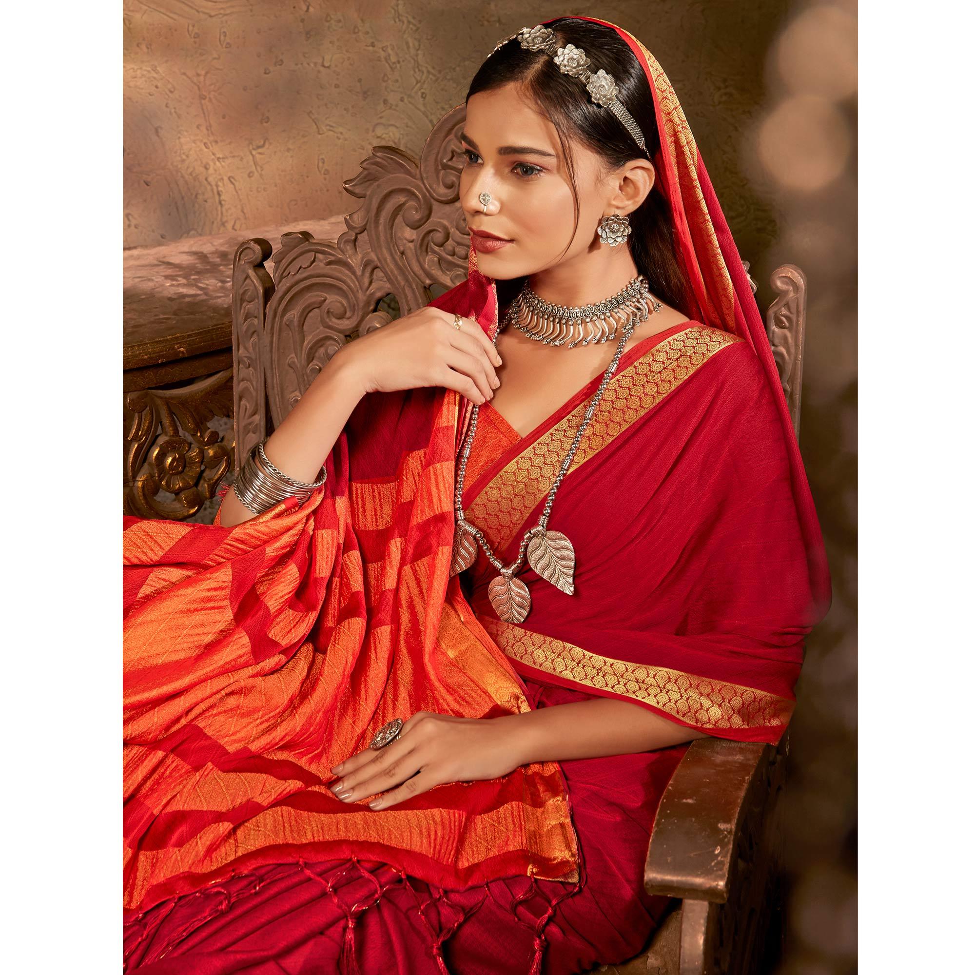 Red Festive Wear Woven Jacquard Saree - Peachmode