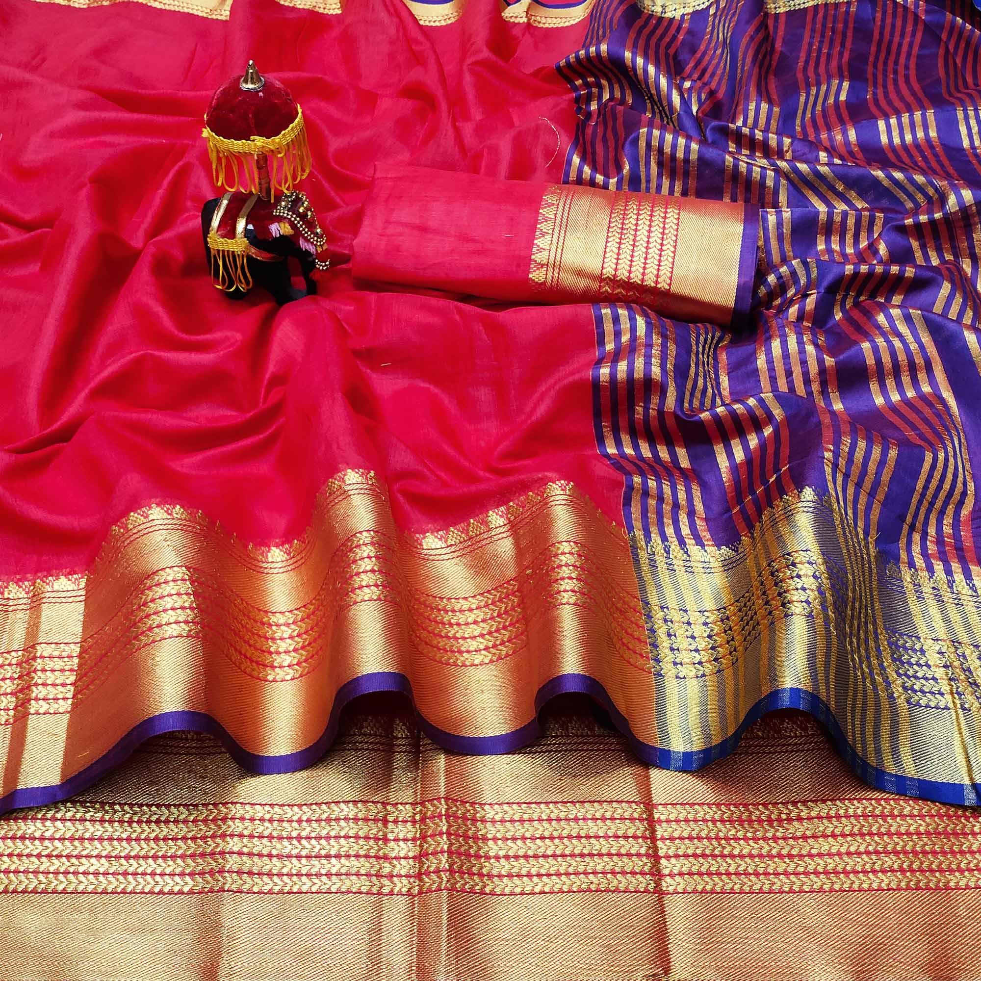 Red Festive Wear Woven Jacquard Saree With Golden Border - Peachmode