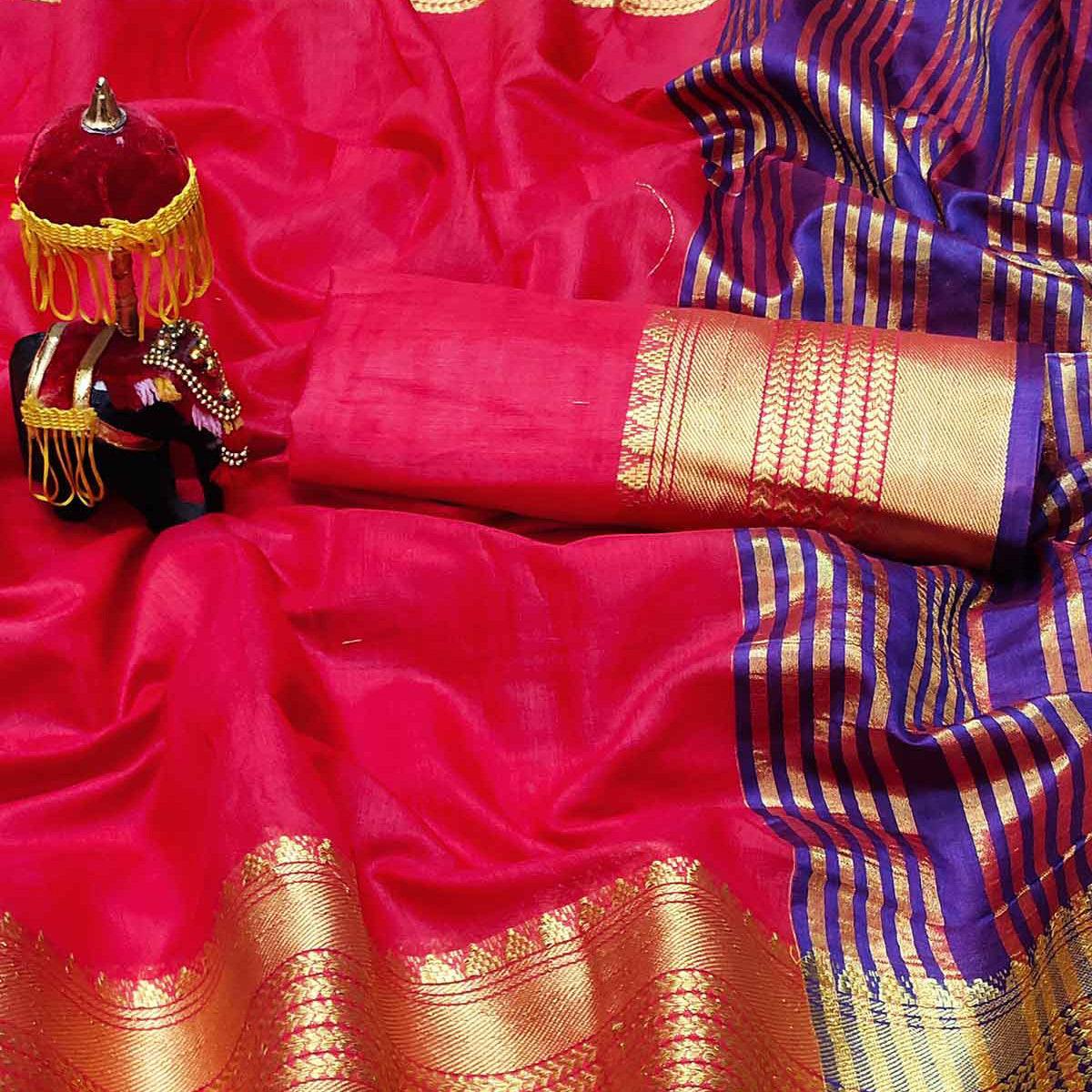 Red Festive Wear Woven Jacquard Saree With Golden Border - Peachmode