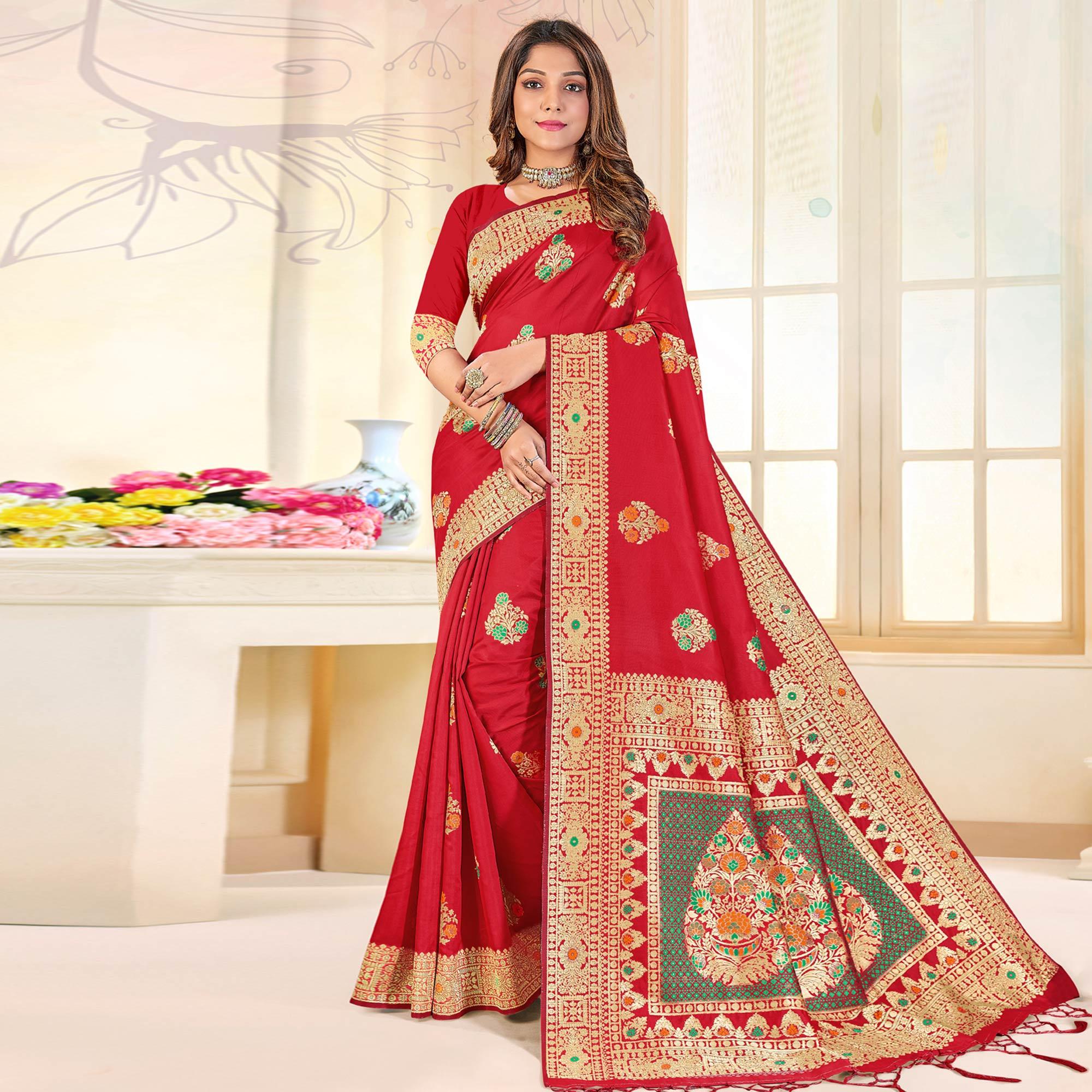 Red Festive Wear Woven Jari Border Soft Silk Saree - Peachmode