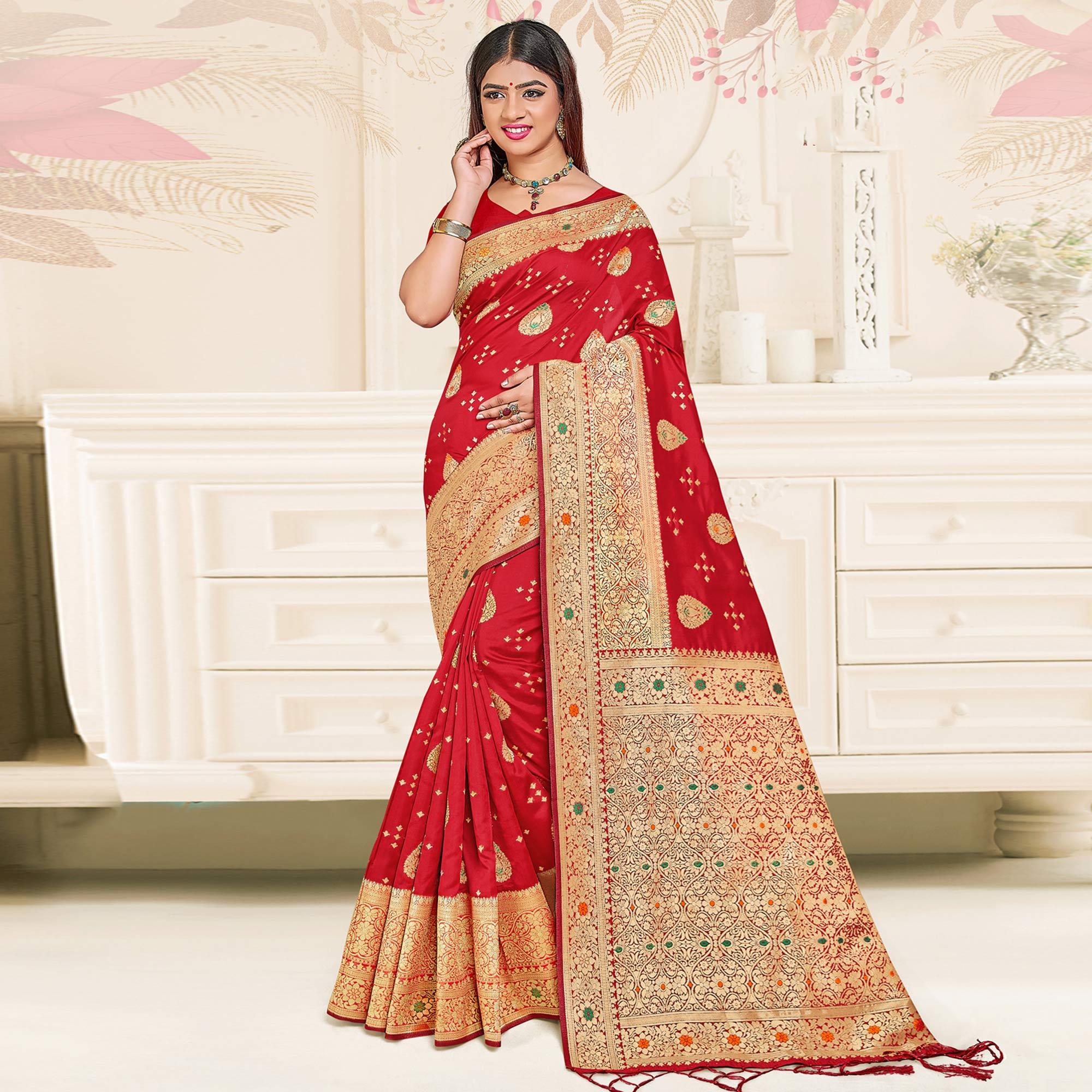 Red Festive Wear Woven Jari Border Soft Silk Saree - Peachmode