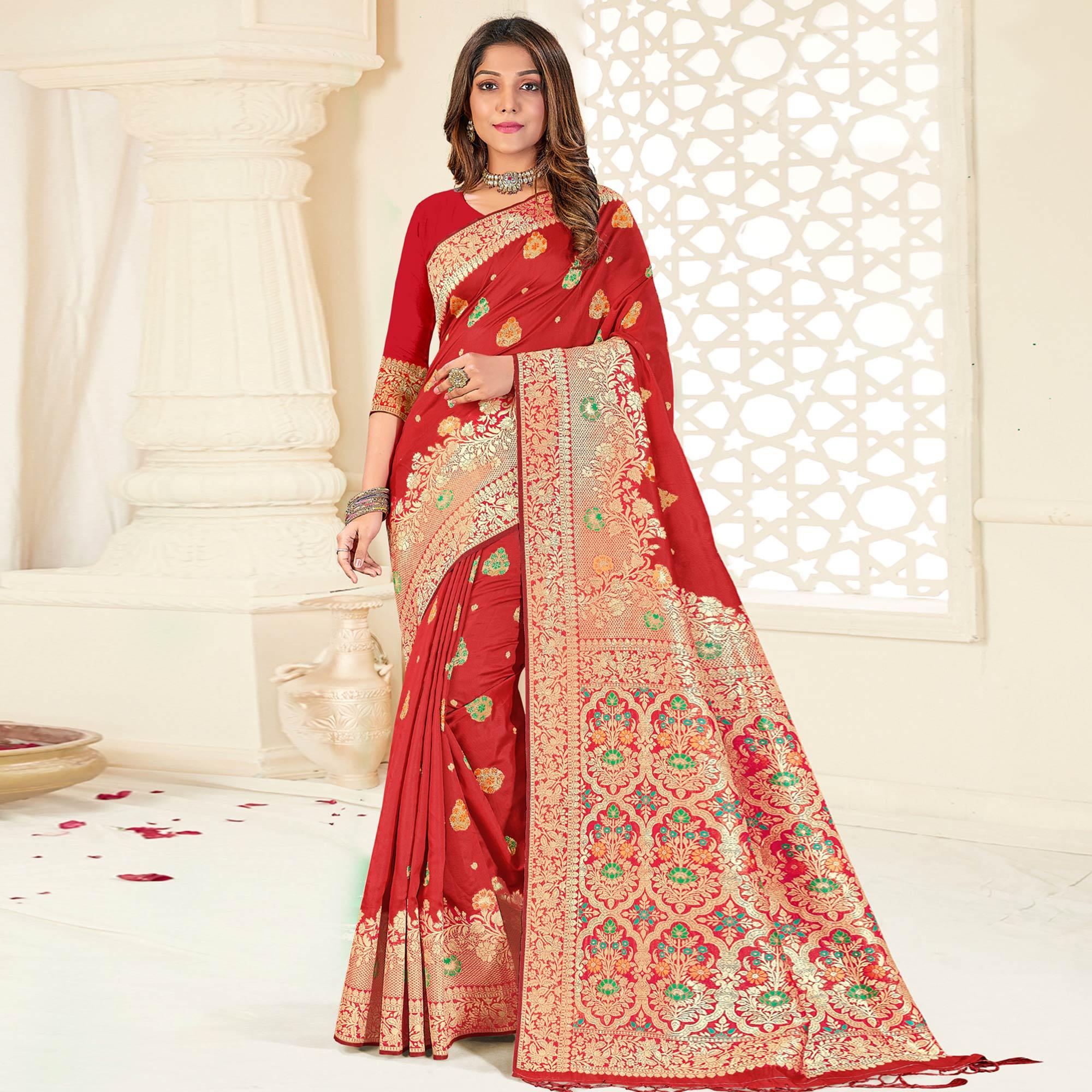 Red Festive Wear Woven Jari Border Soft Silk Saree - Peachmode