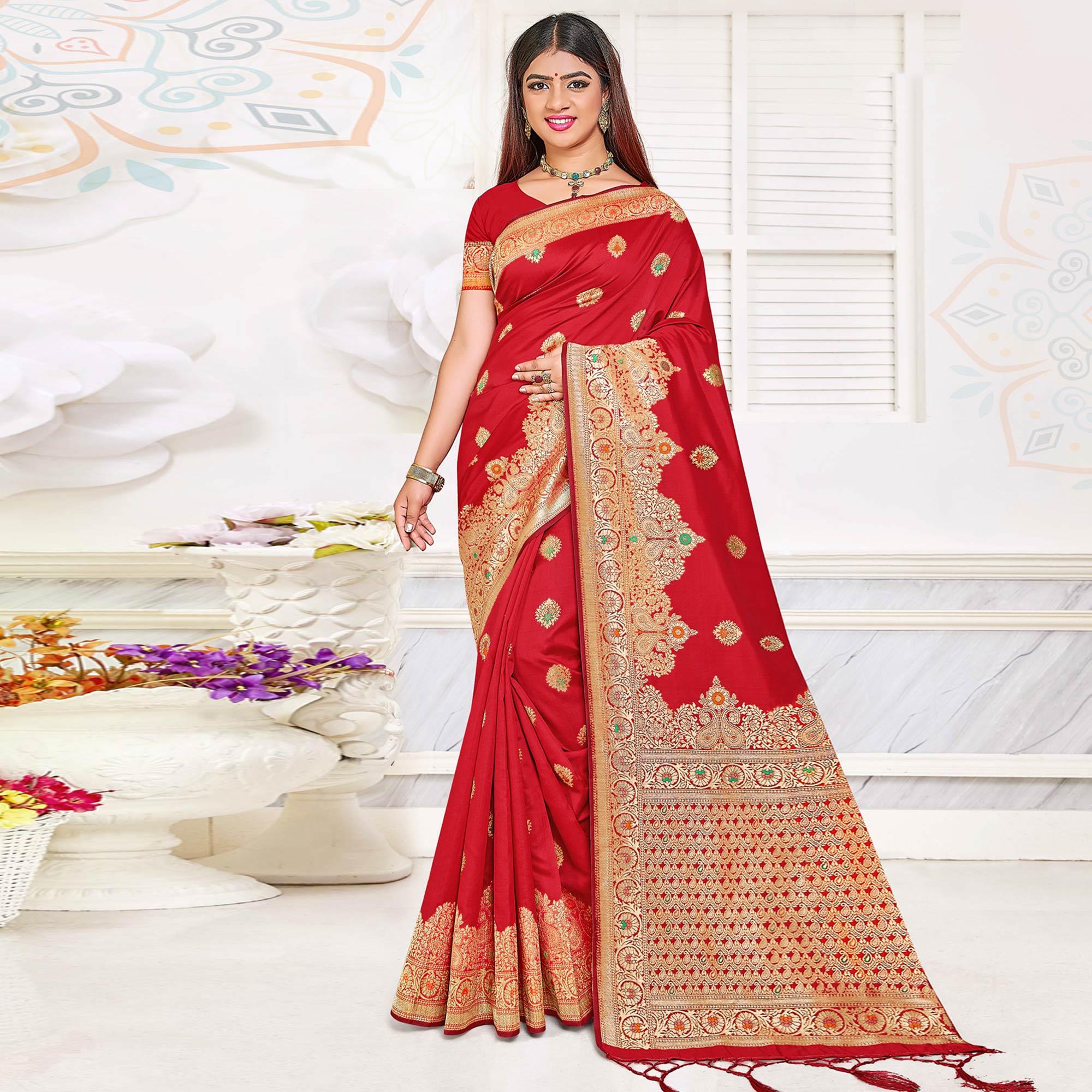 Red Festive Wear Woven Jari Border Soft Silk Saree - Peachmode