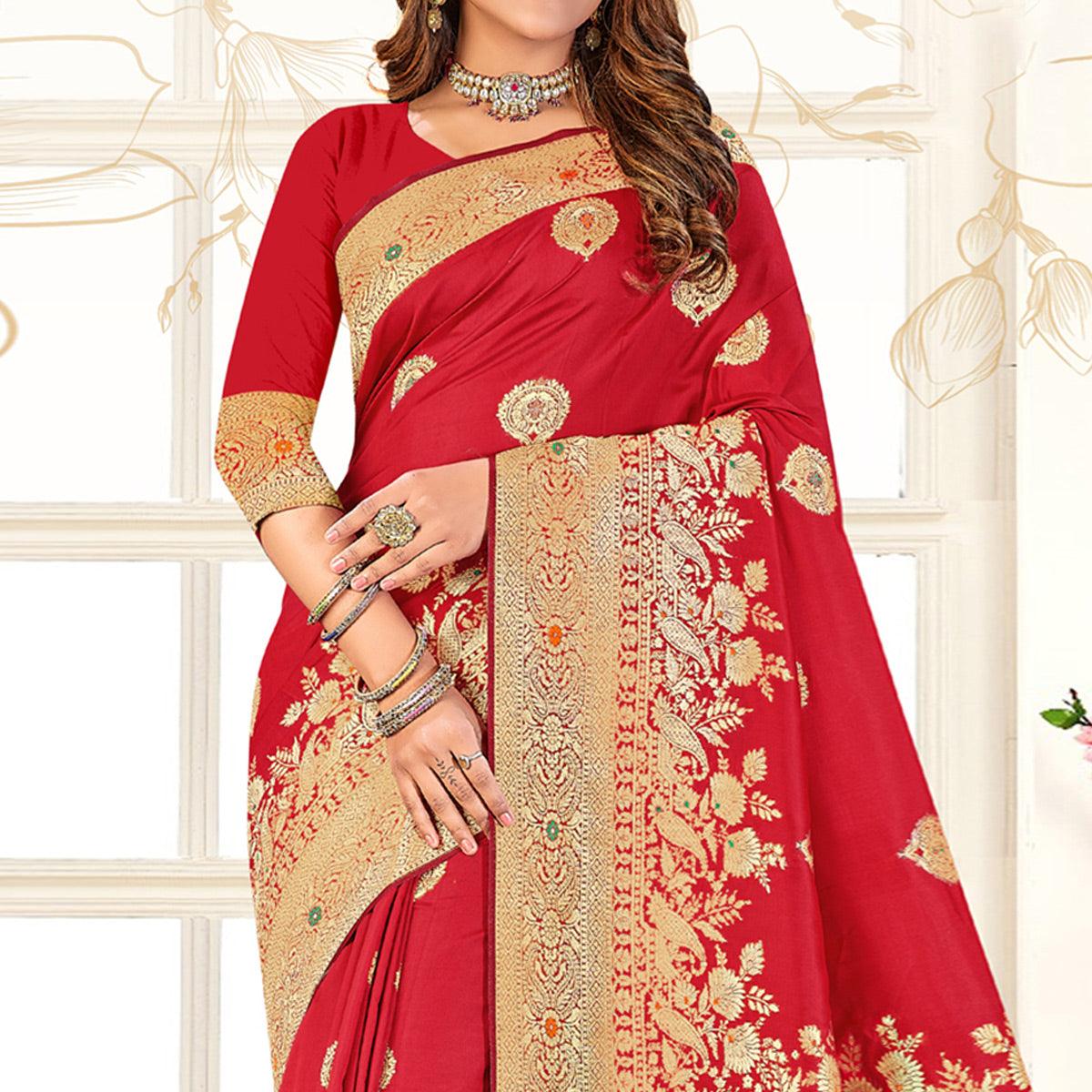 Red Festive Wear Woven Jari Border Soft Silk Saree - Peachmode