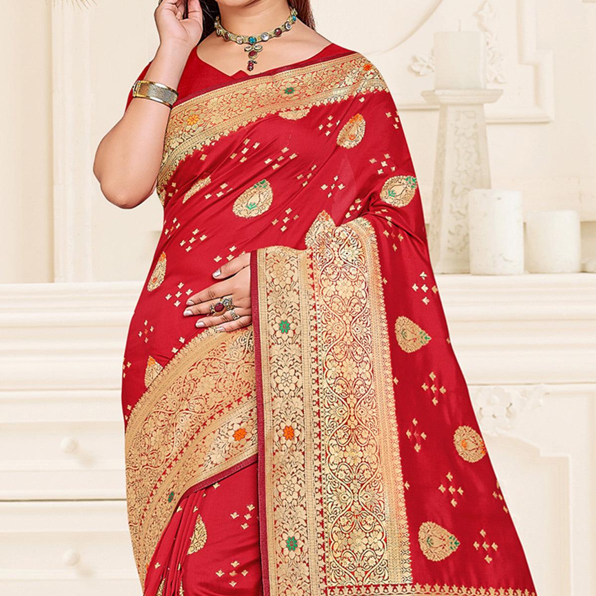 Red Festive Wear Woven Jari Border Soft Silk Saree - Peachmode