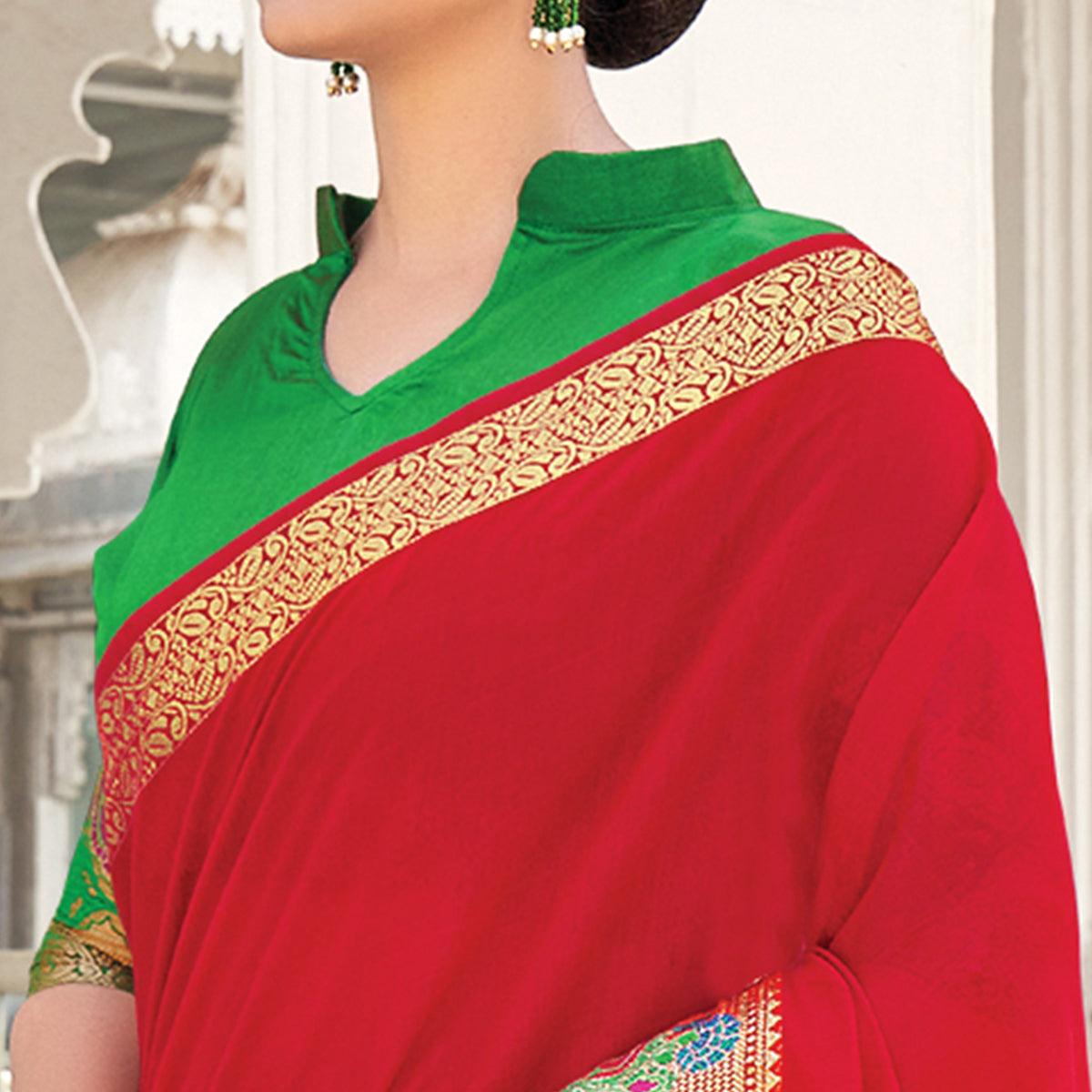 Red Festive Wear Woven Jute Saree - Peachmode