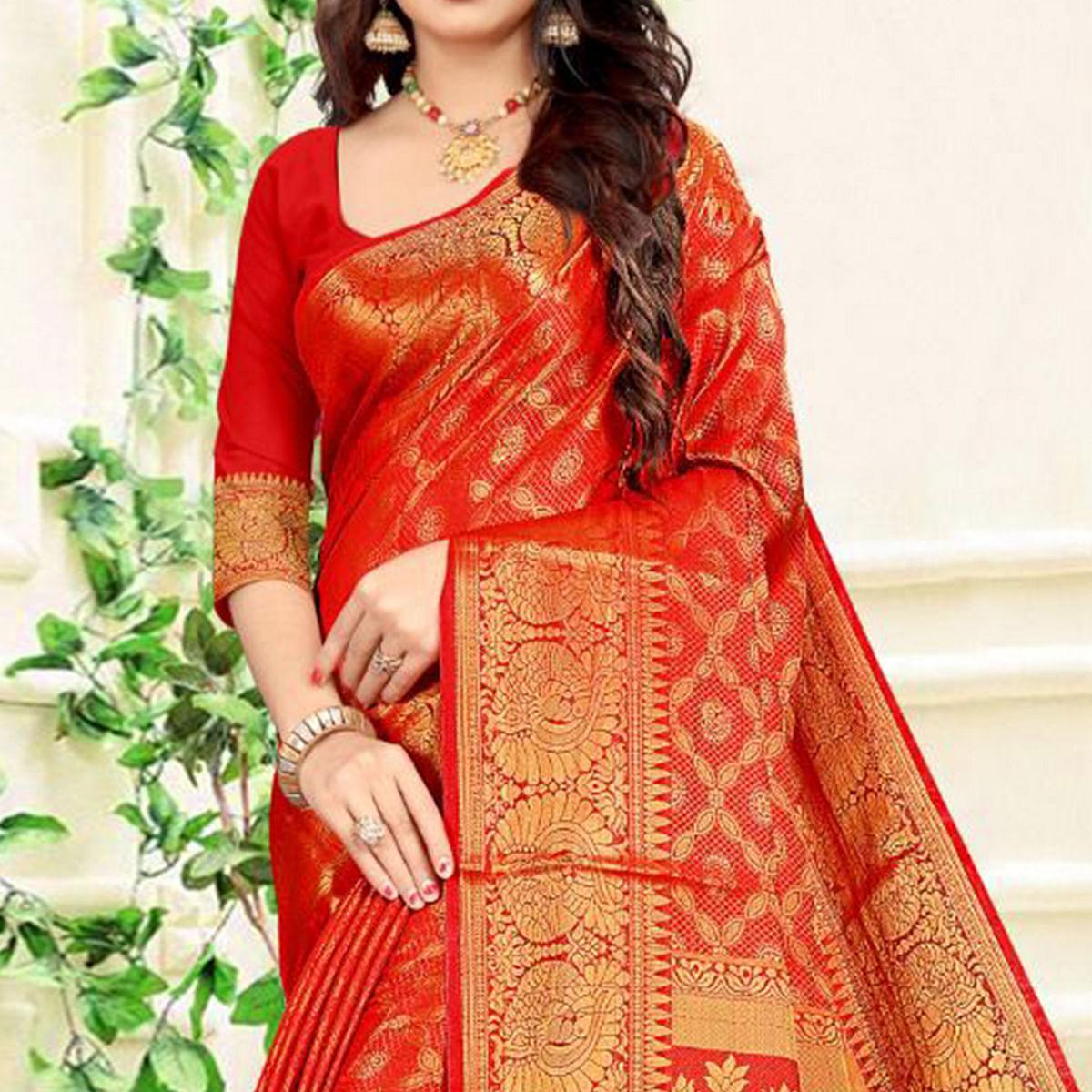 Red Festive Wear Woven Kanjeevaram Silk Saree - Peachmode