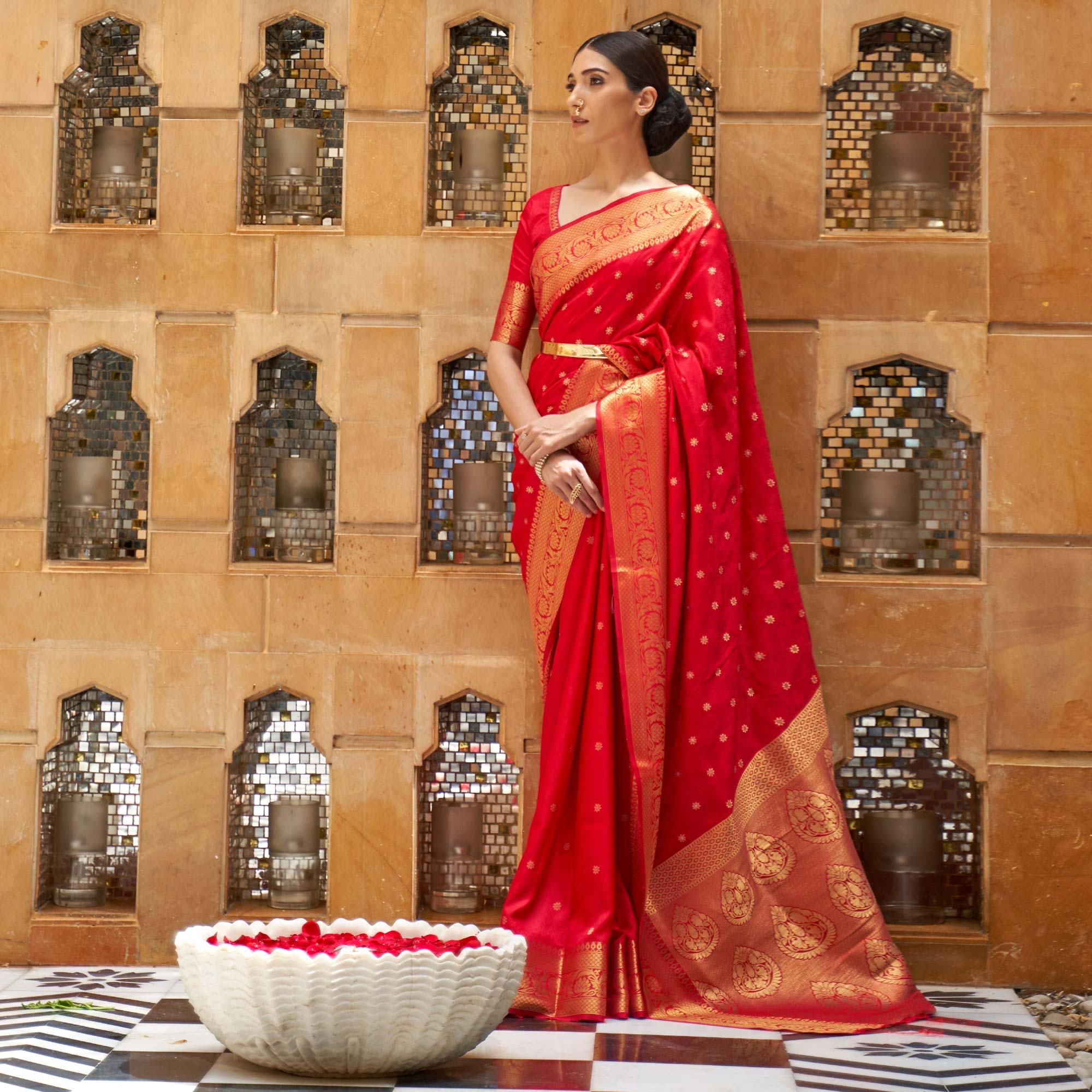 Red Festive Wear Woven Kanjivaram Silk Saree - Peachmode