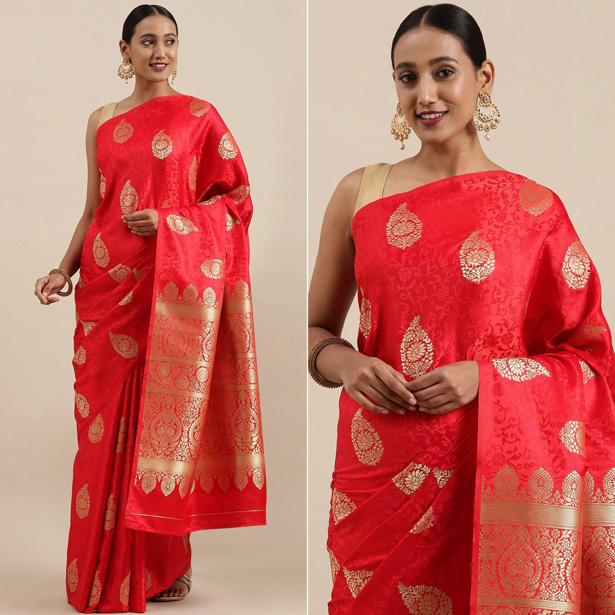Red Festive Wear Woven Kanjivaram Silk Saree - Peachmode