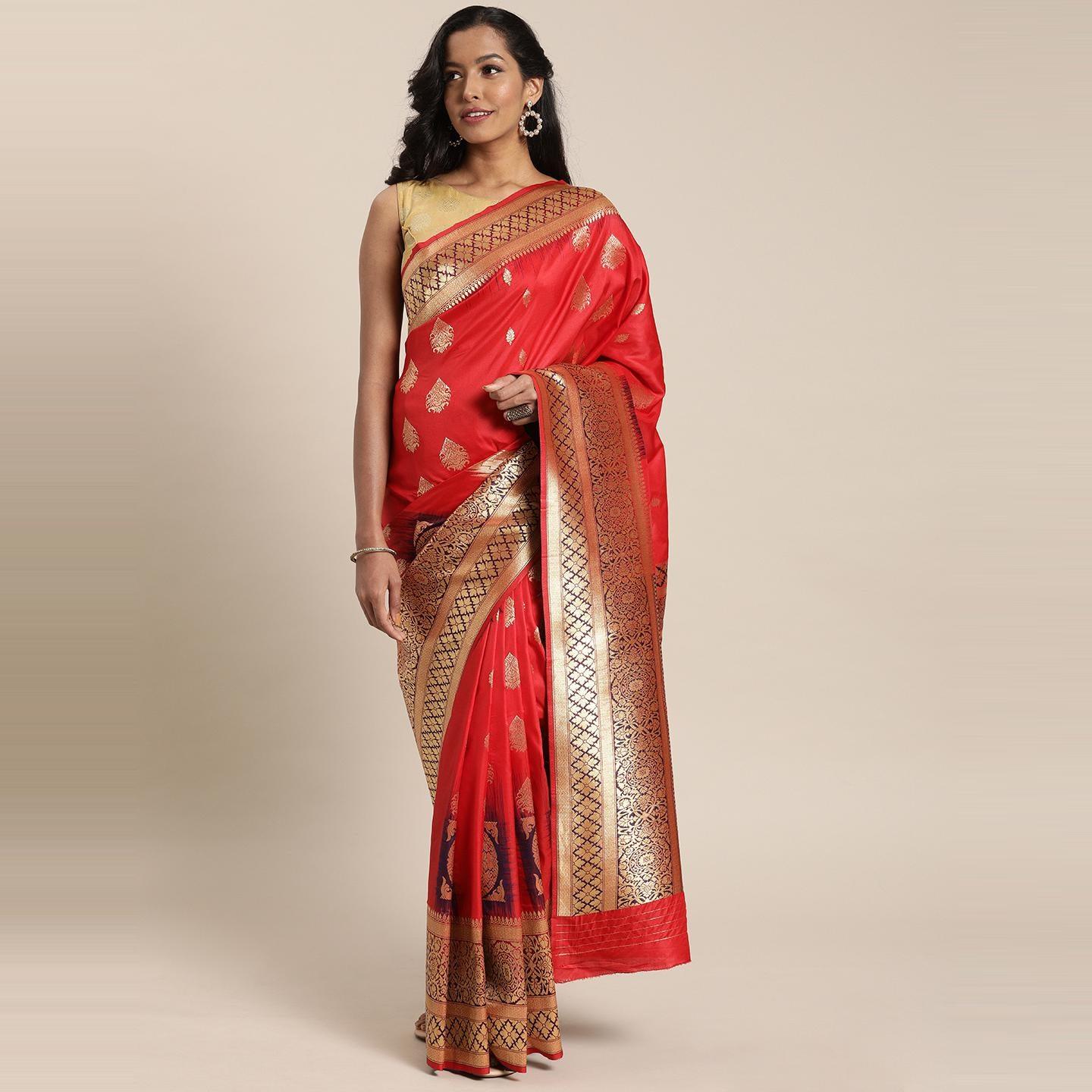 Red Festive Wear Woven Kanjivaram Silk Saree - Peachmode