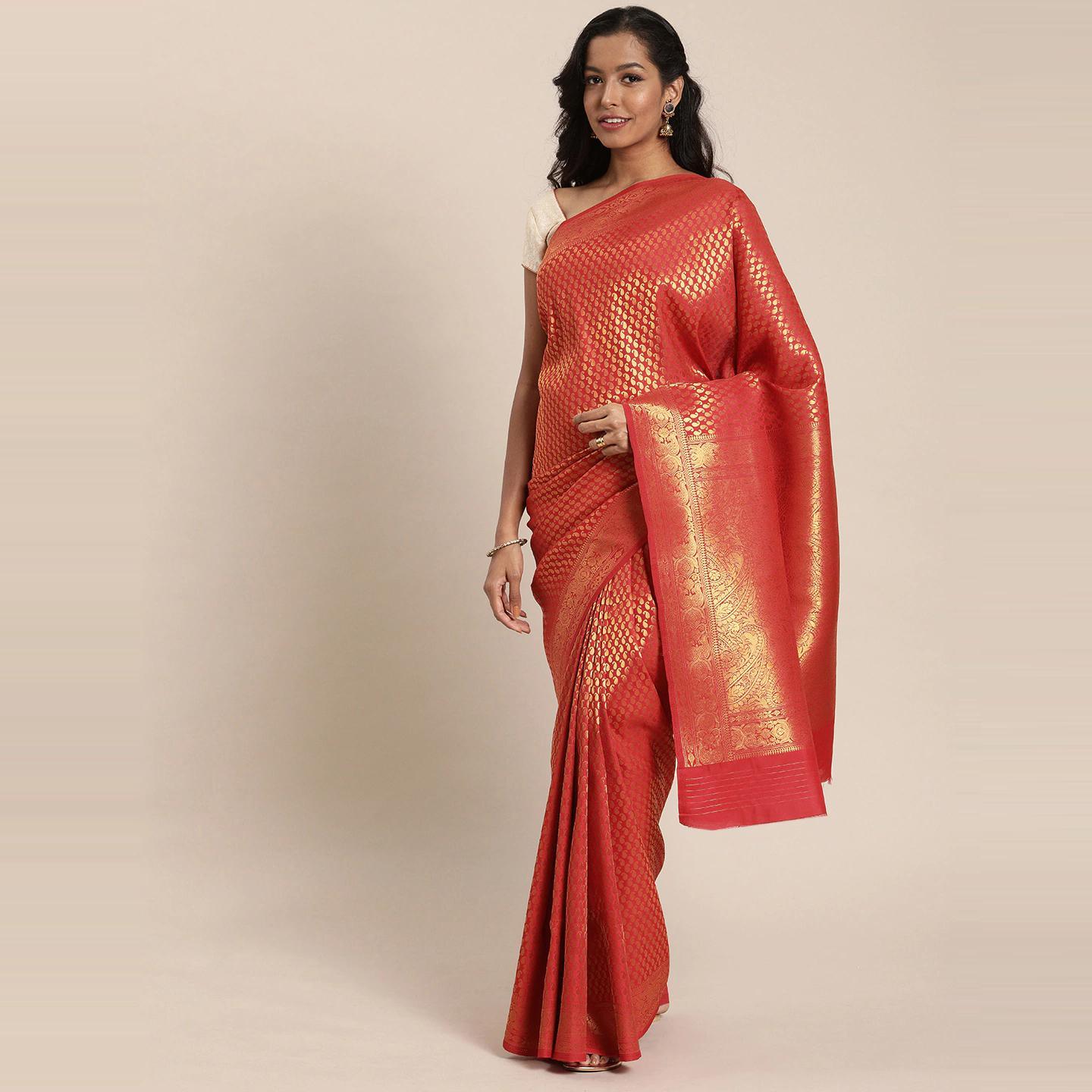 Red Festive Wear Woven Kanjivaram Silk Saree - Peachmode