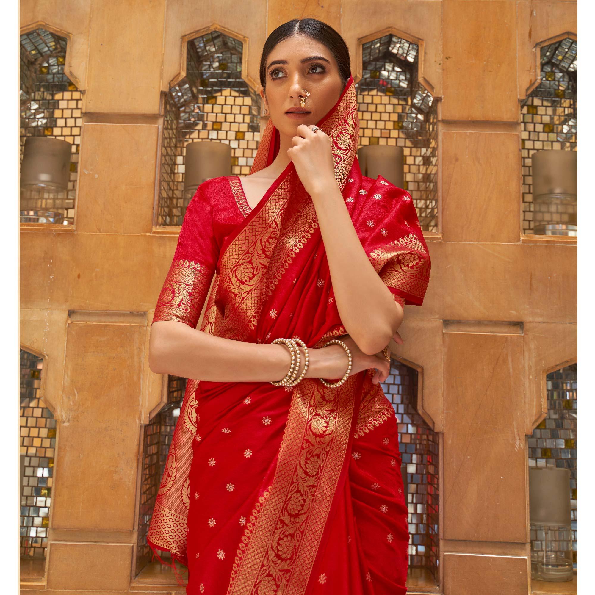 Red Festive Wear Woven Kanjivaram Silk Saree - Peachmode