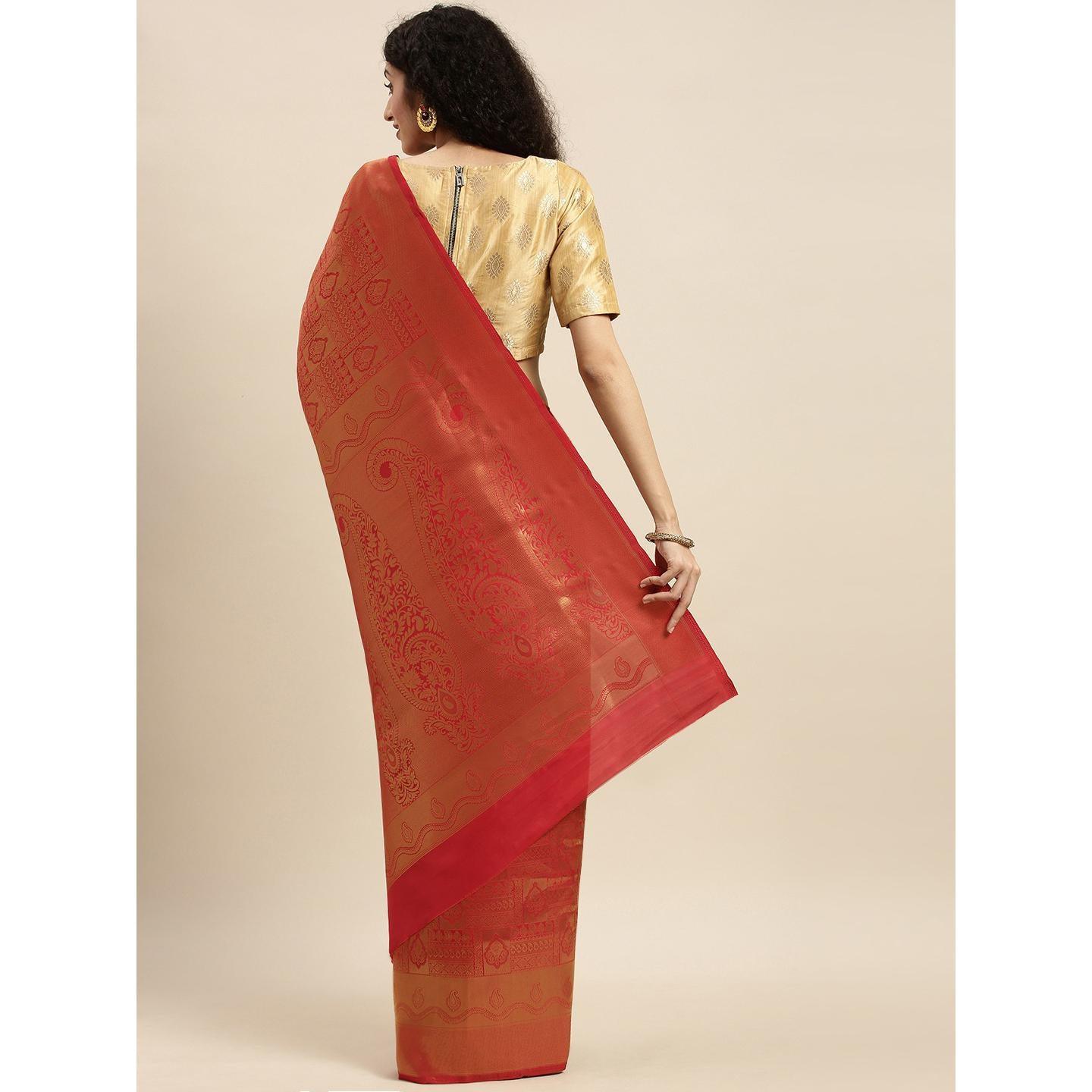 Red Festive Wear Woven Kanjivaram Silk Saree - Peachmode