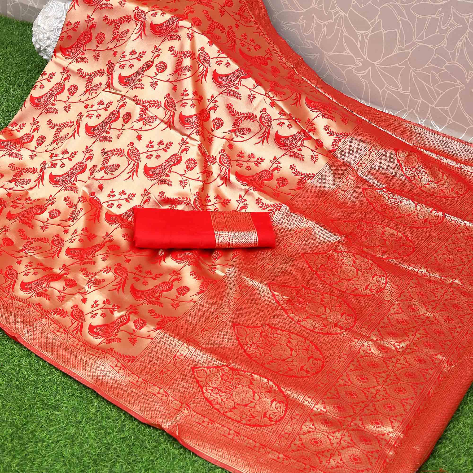 Red Festive Wear Woven Kota Litchi Banarasi Art Silk Saree - Peachmode