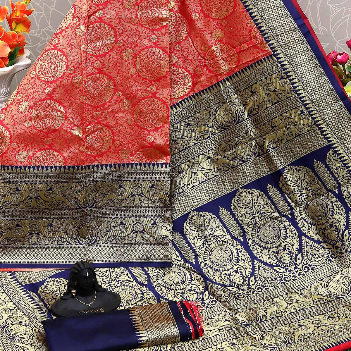 Red Festive Wear Woven Kota Litchi Banarasi Art Silk Saree - Peachmode
