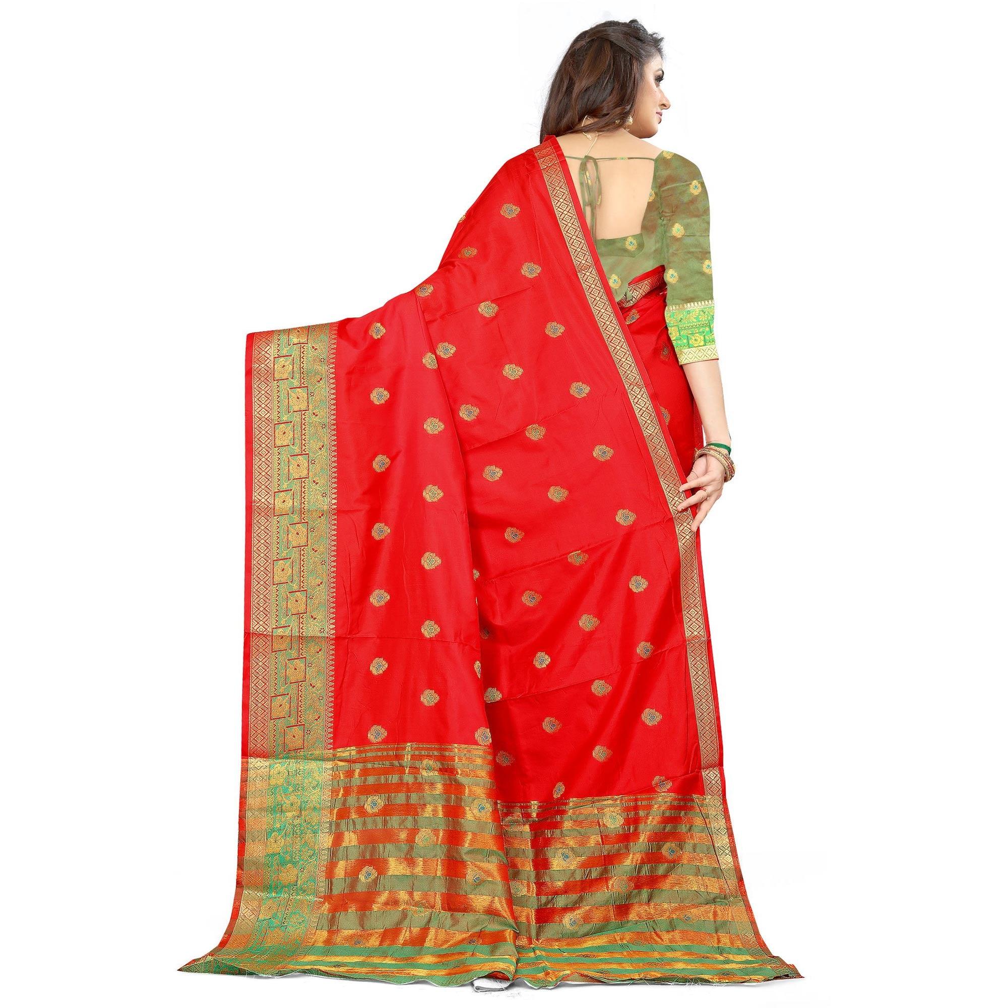 Red Festive Wear Woven Maithili Silk Saree - Peachmode