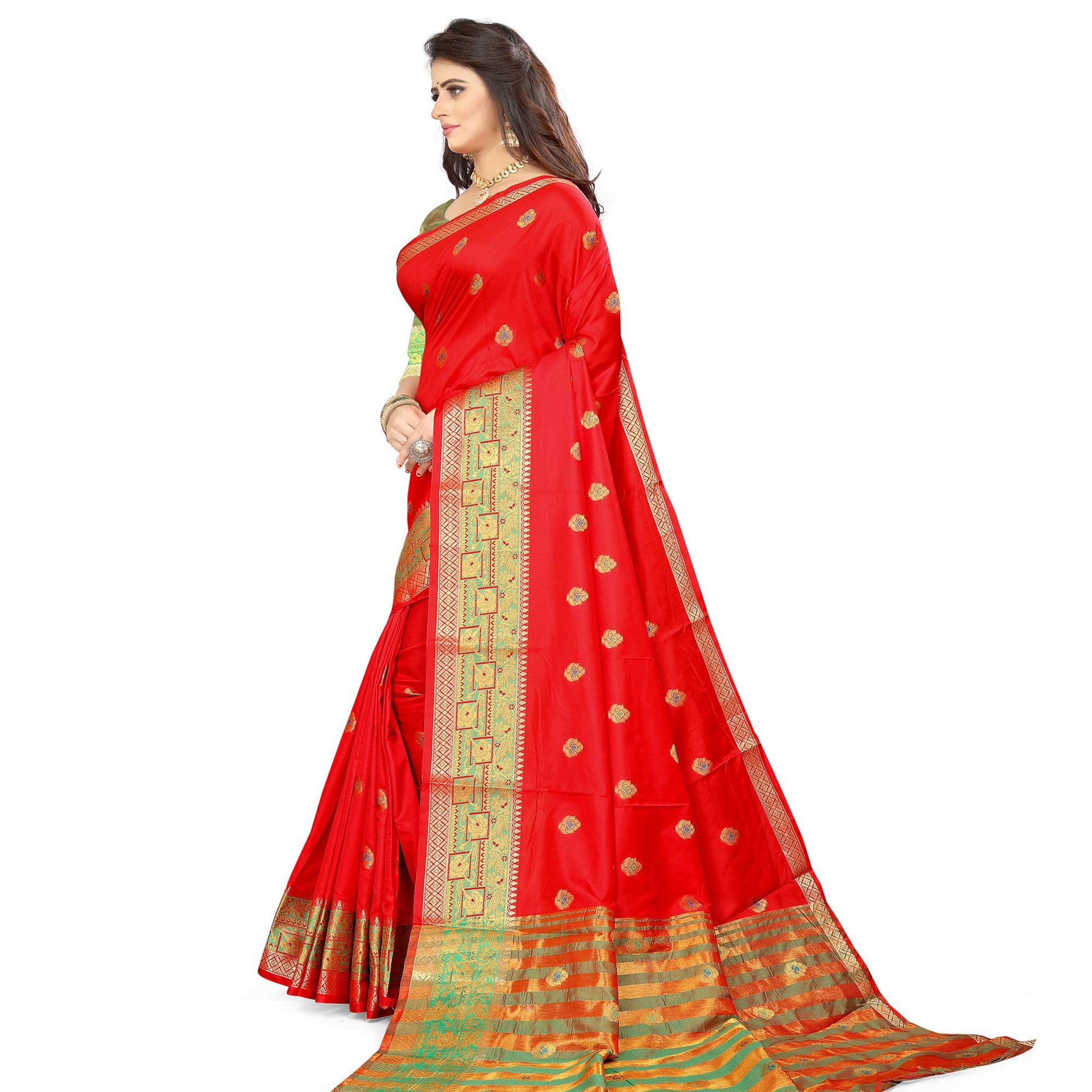 Red Festive Wear Woven Maithili Silk Saree - Peachmode