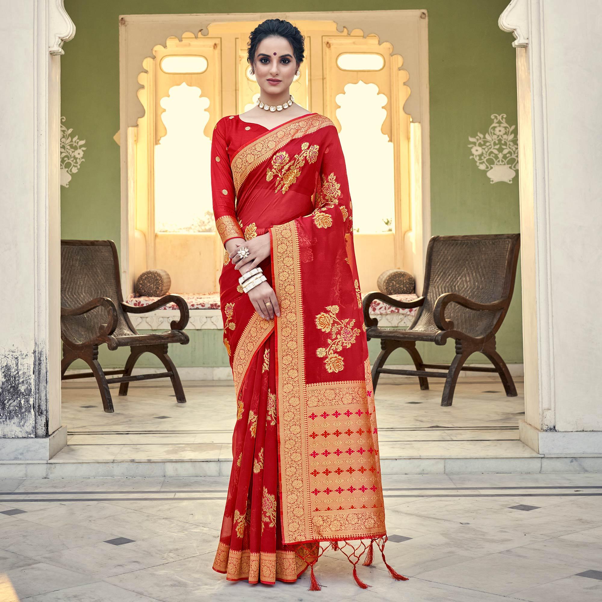 Red Festive Wear Woven Organza Saree - Peachmode