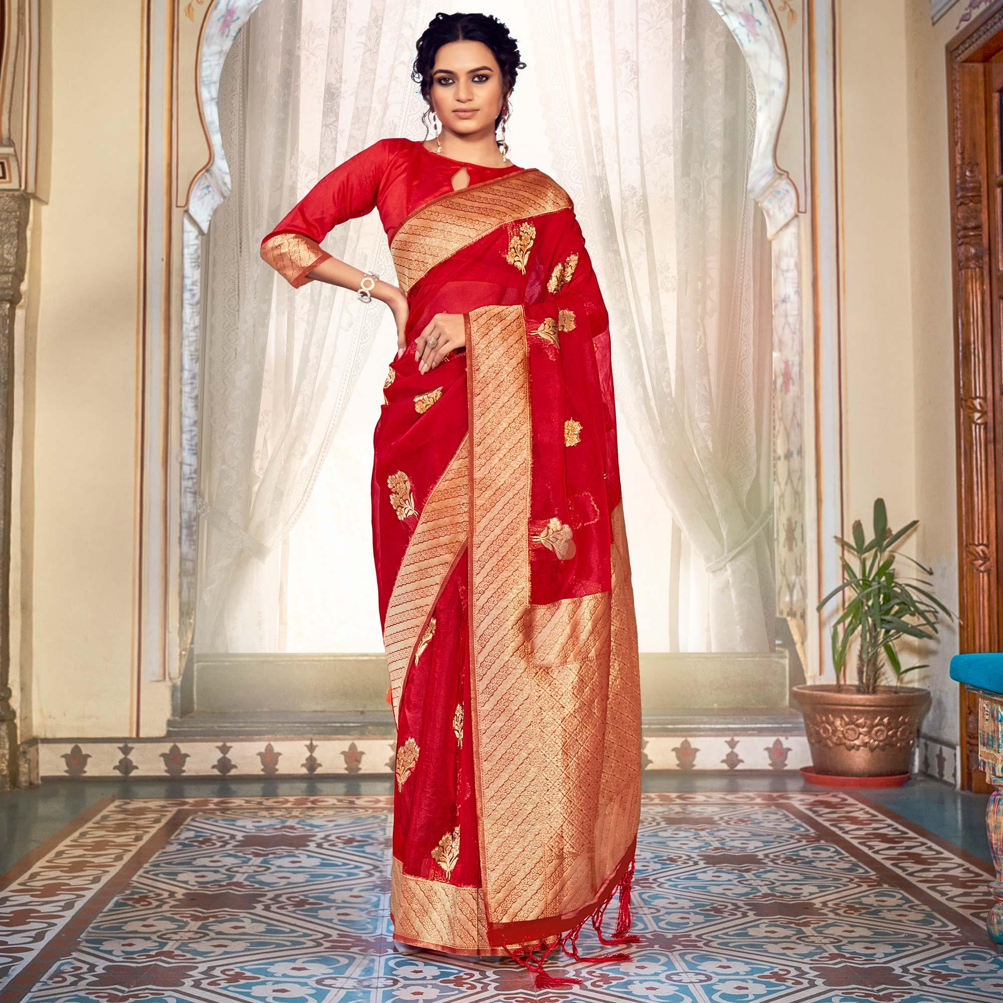 Red Festive Wear Woven Organza Saree - Peachmode