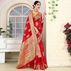 Red Festive Wear Woven Organza Saree - Peachmode