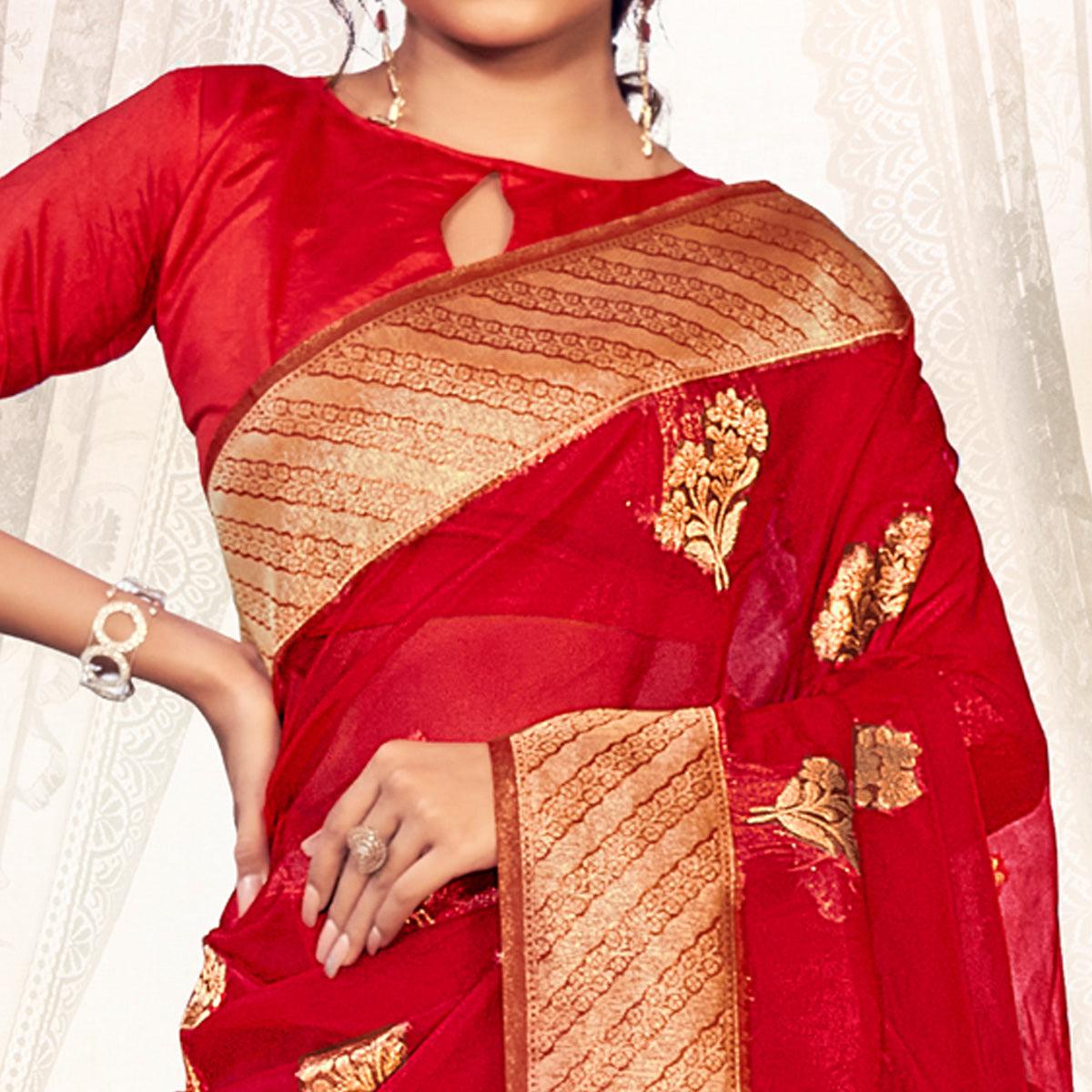 Red Festive Wear Woven Organza Saree - Peachmode