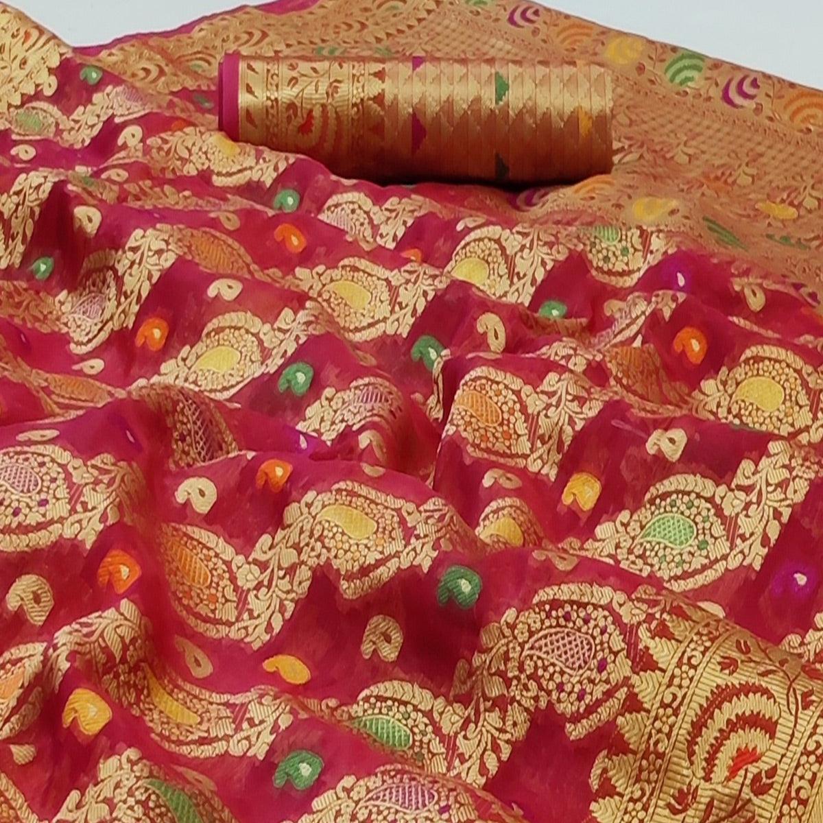 Red Festive Wear Woven Organza Saree - Peachmode