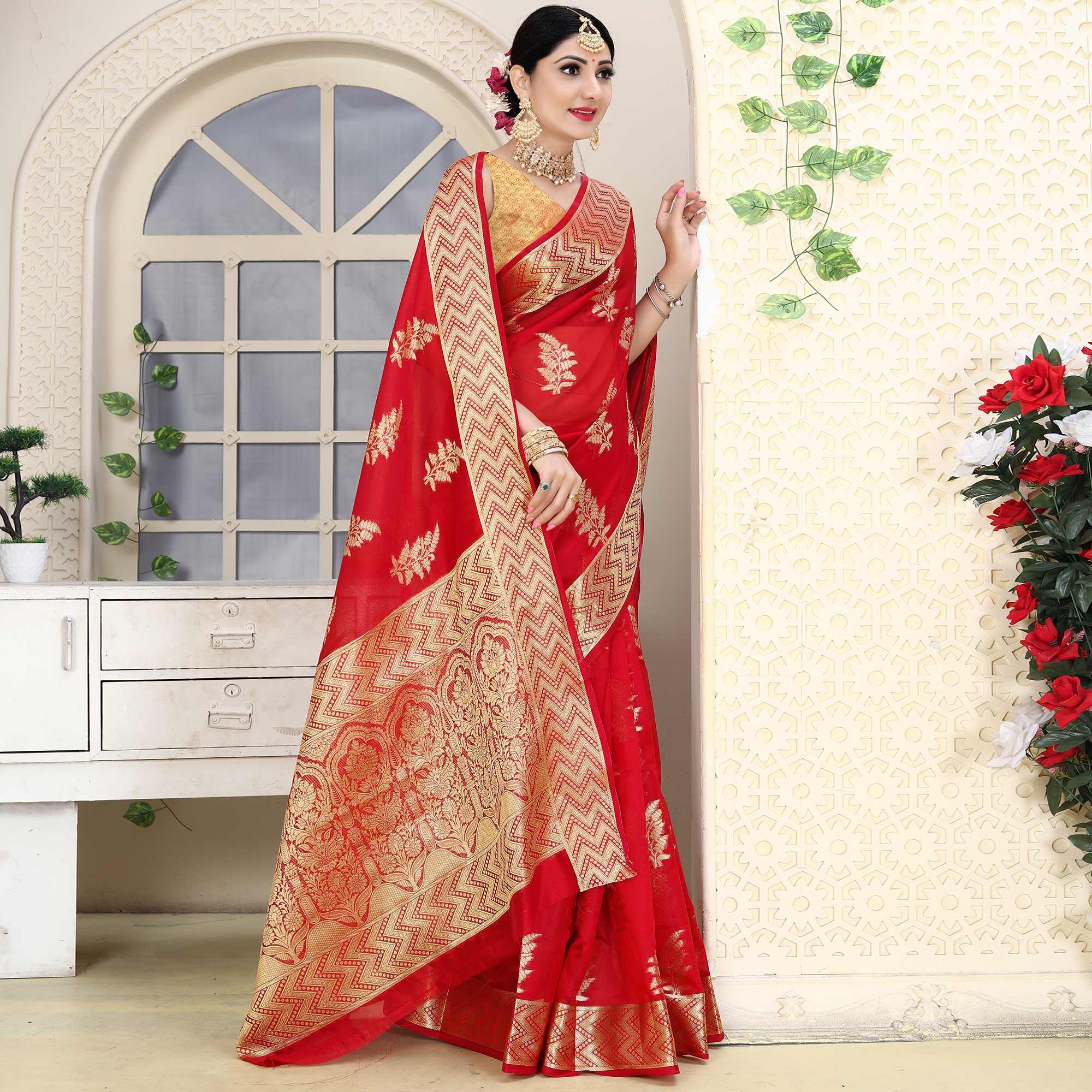 Red Festive Wear Woven Organza Saree - Peachmode